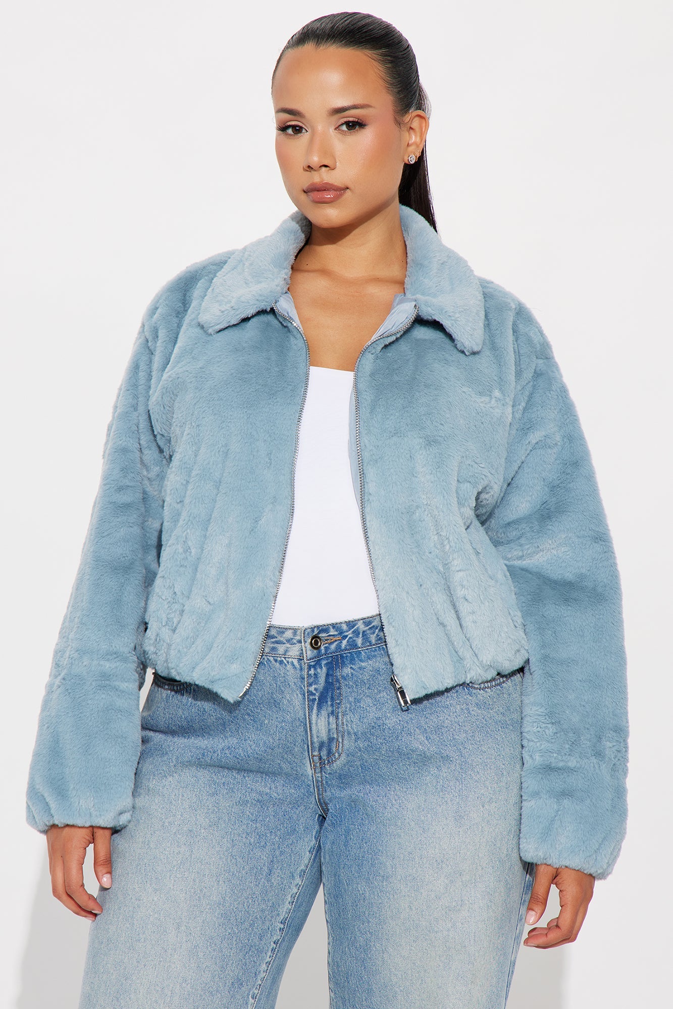 By My Side Faux Fur Bomber Jacket - Slate Blue