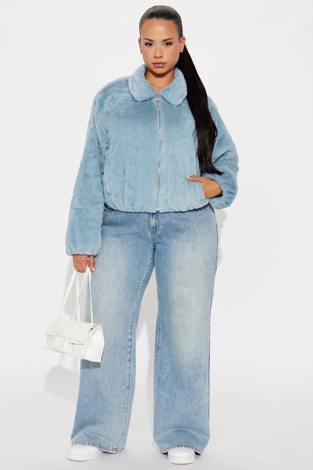 By My Side Faux Fur Bomber Jacket - Slate Blue