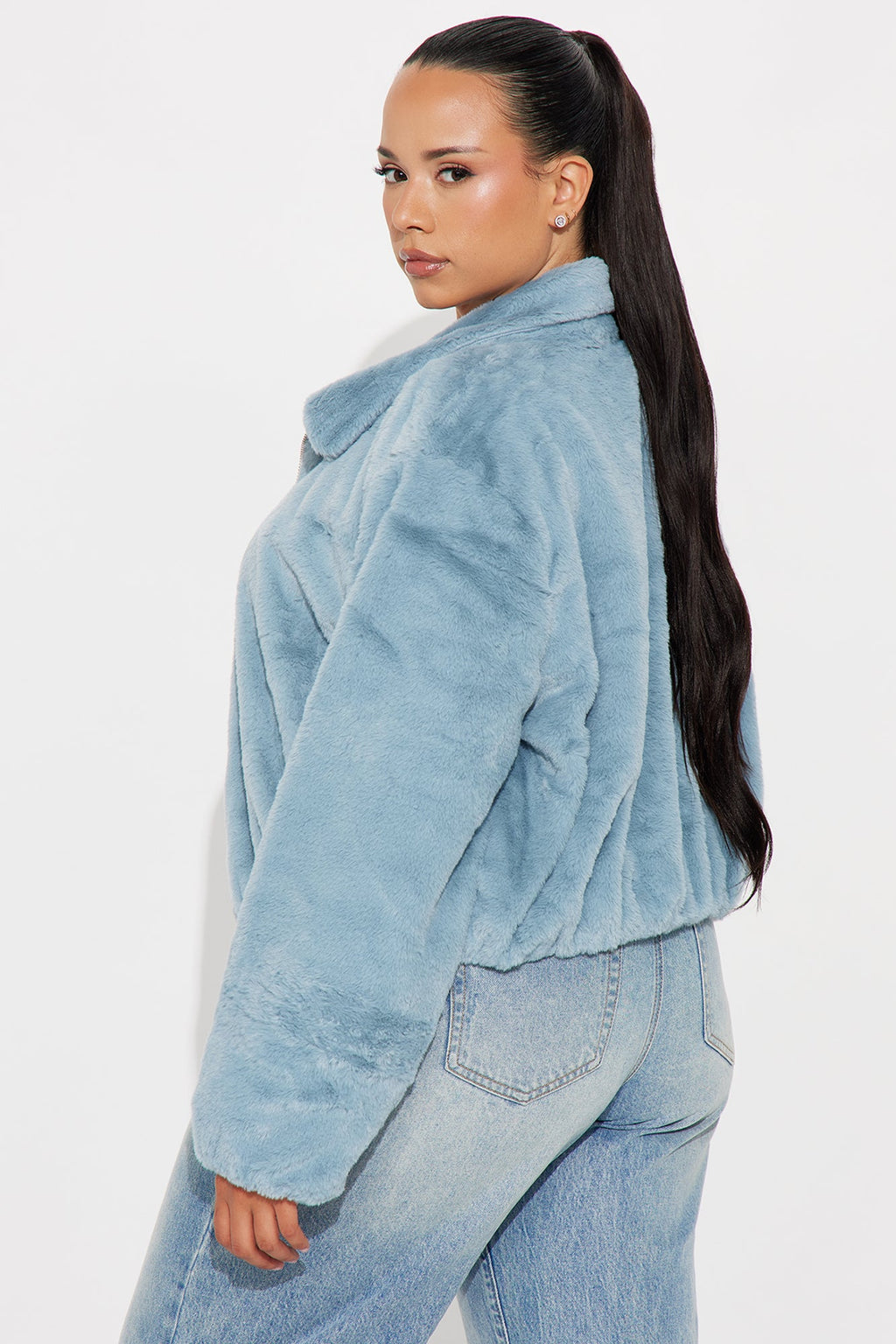 By My Side Faux Fur Bomber Jacket - Slate Blue