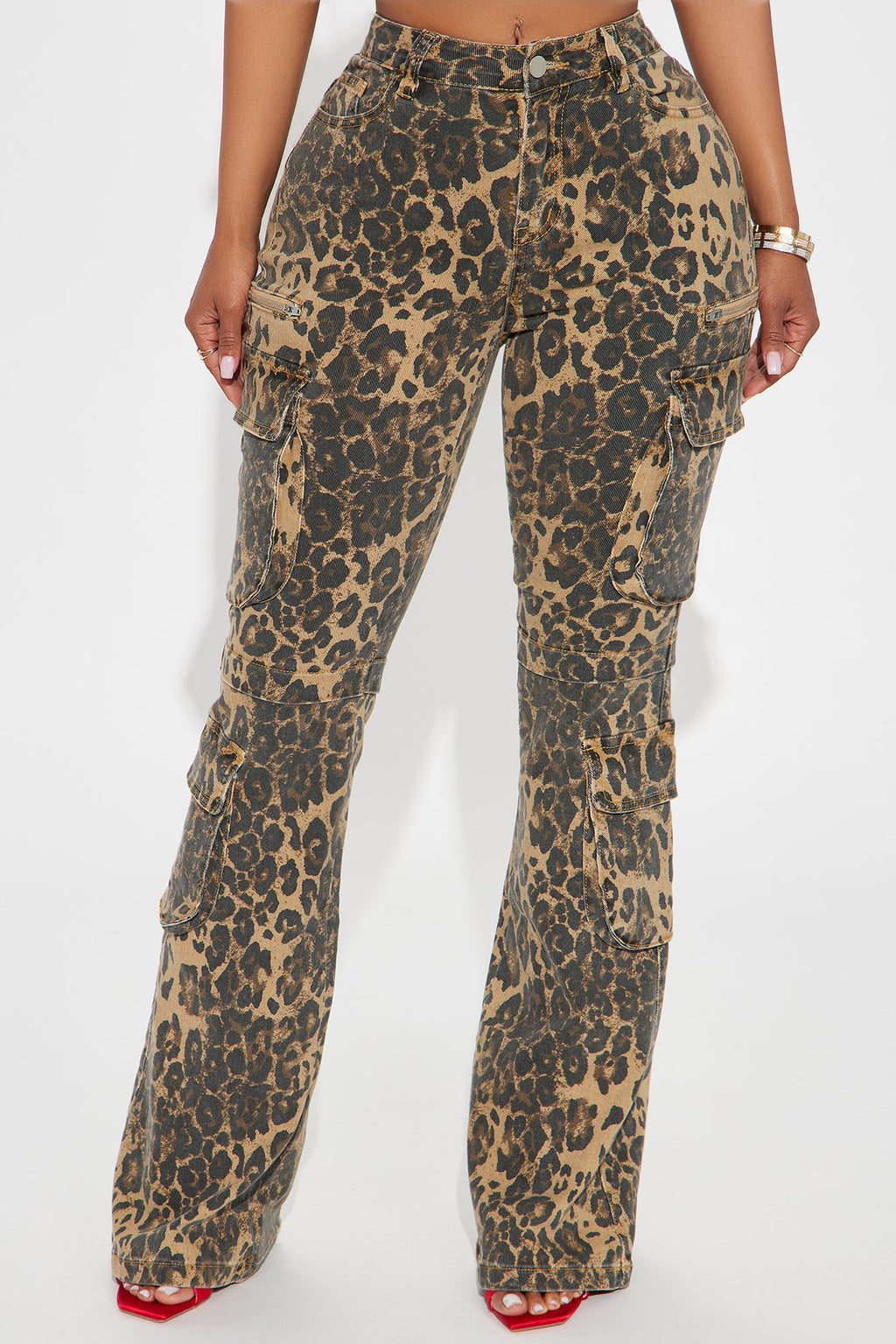 She's A Wild One Cargo Animal Print Flare Jeans - Brown Combo