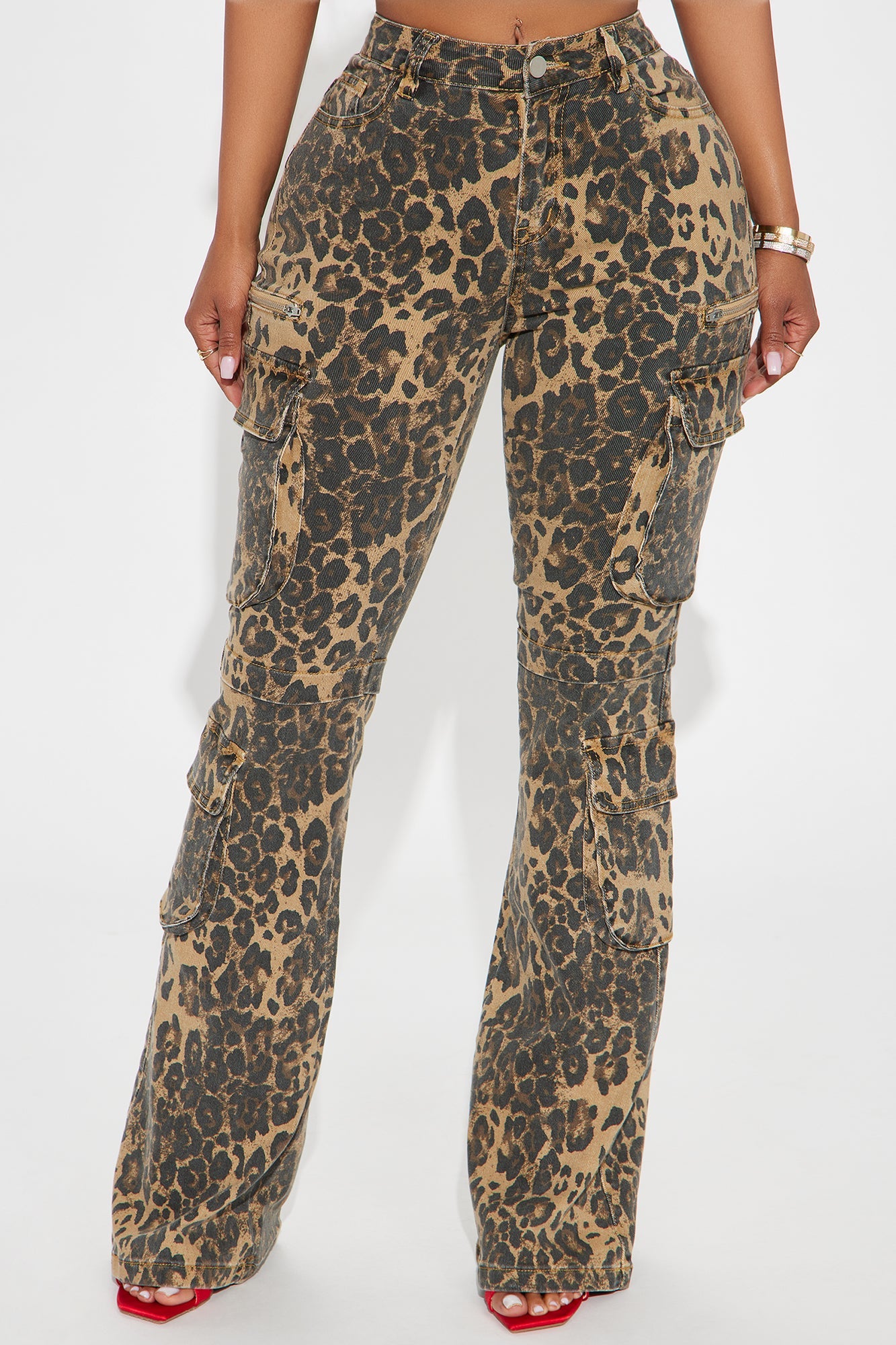 She's A Wild One Cargo Animal Print Flare Jeans - Brown Combo