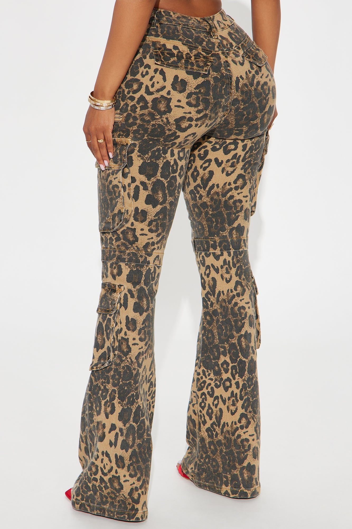 She's A Wild One Cargo Animal Print Flare Jeans - Brown Combo