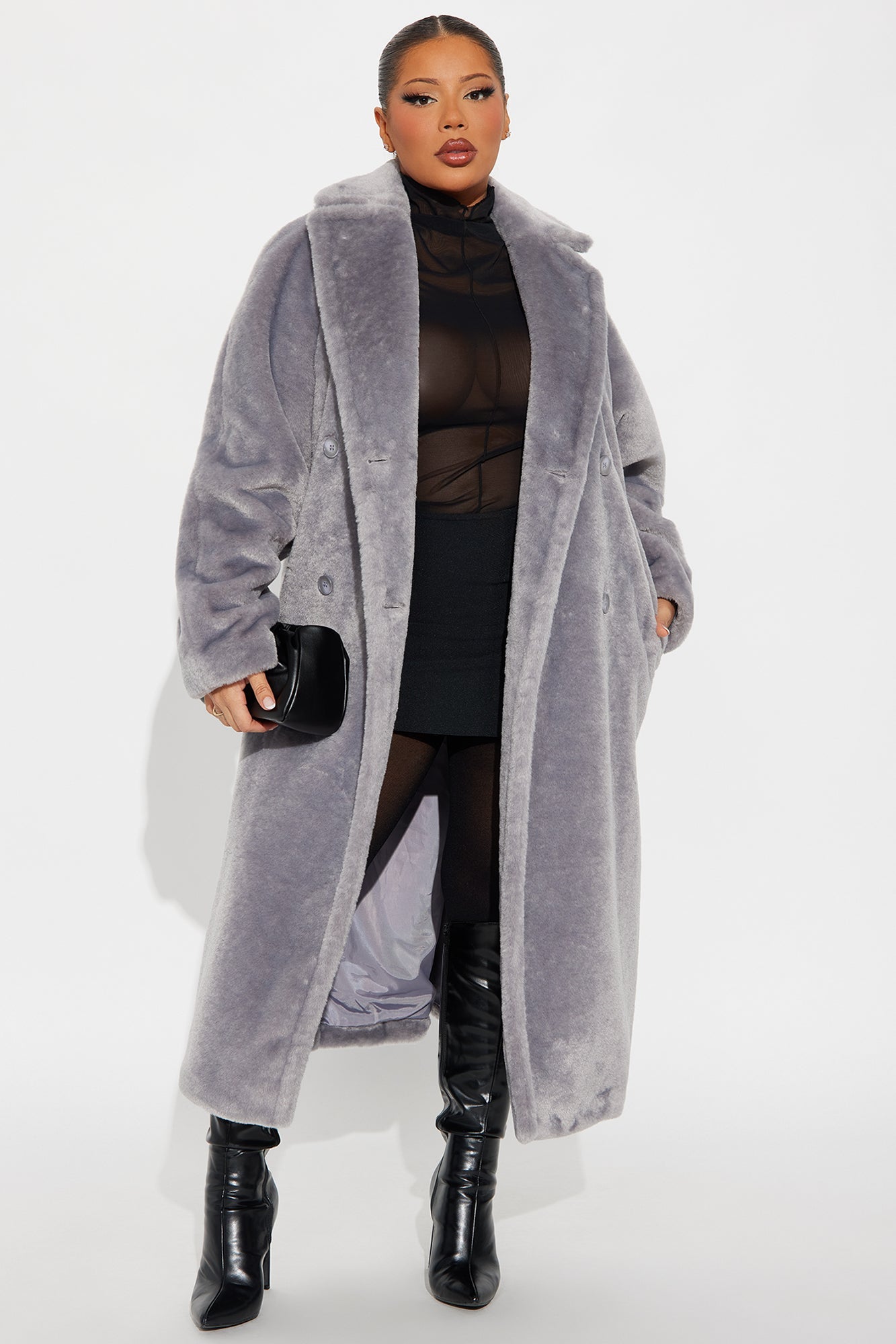 Natasha Belted Faux Fur Long Coat - Grey