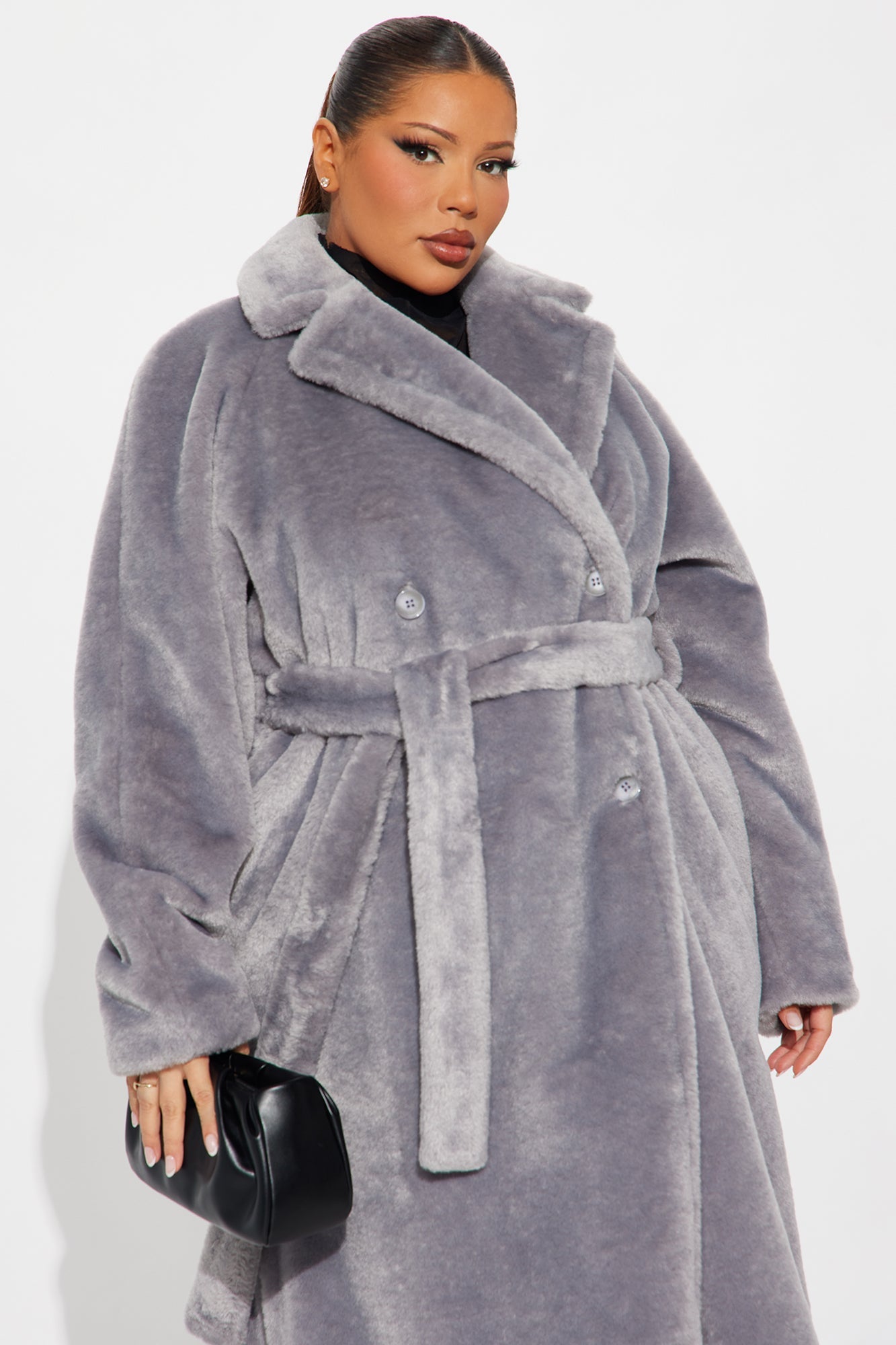 Natasha Belted Faux Fur Long Coat - Grey