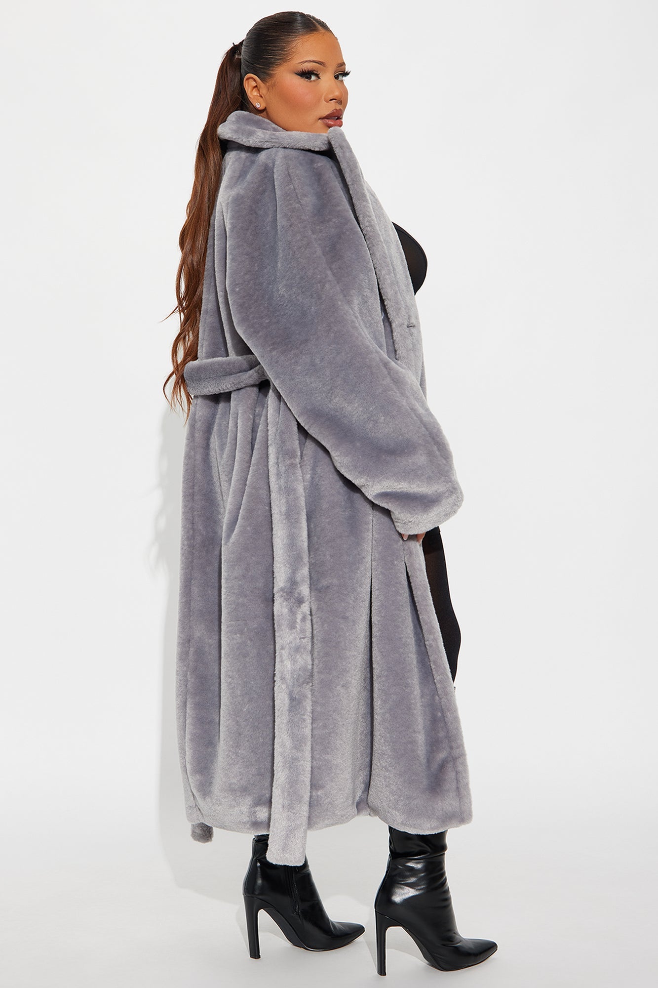 Natasha Belted Faux Fur Long Coat - Grey