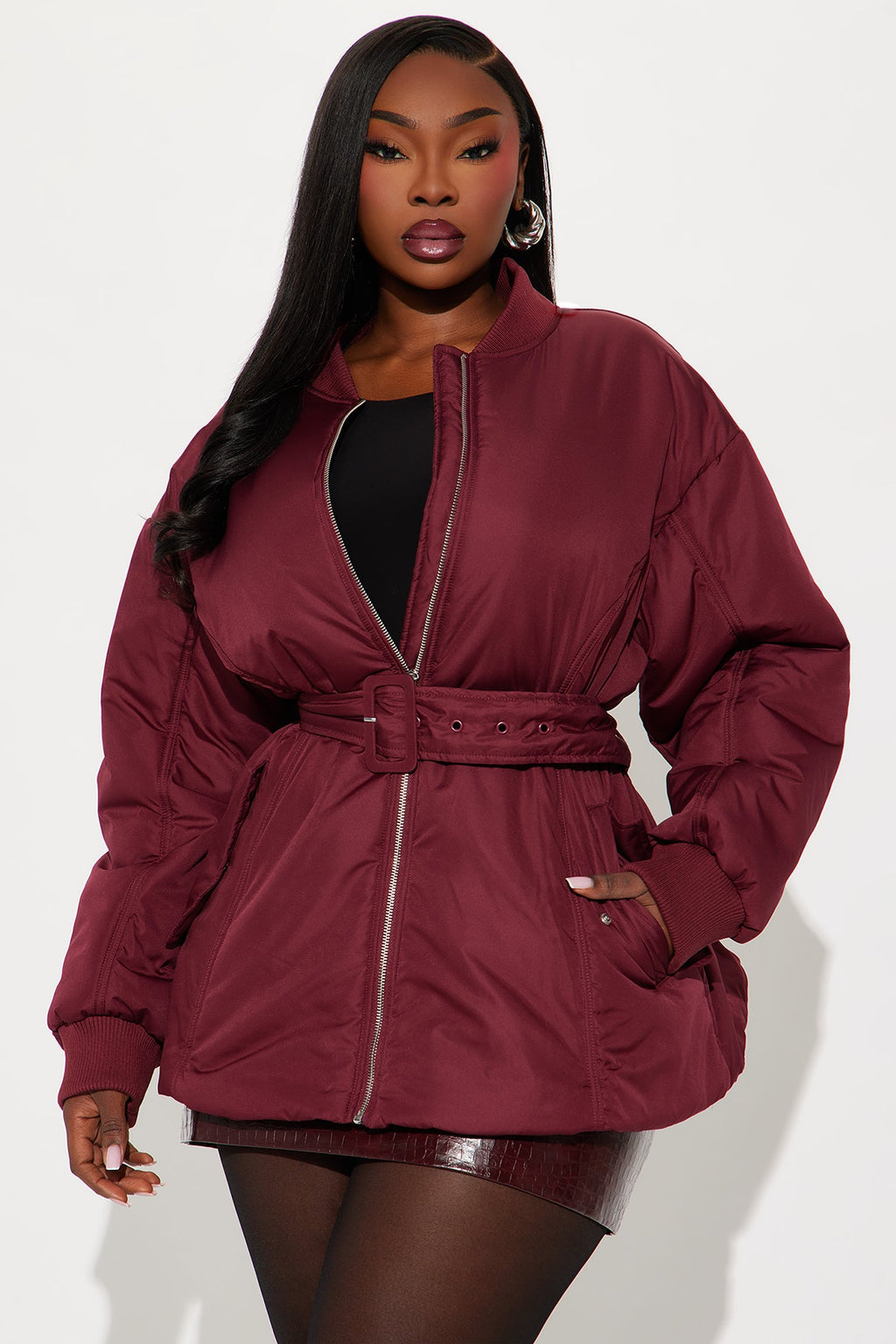 Giana Belted Puffer Jacket - Burgundy