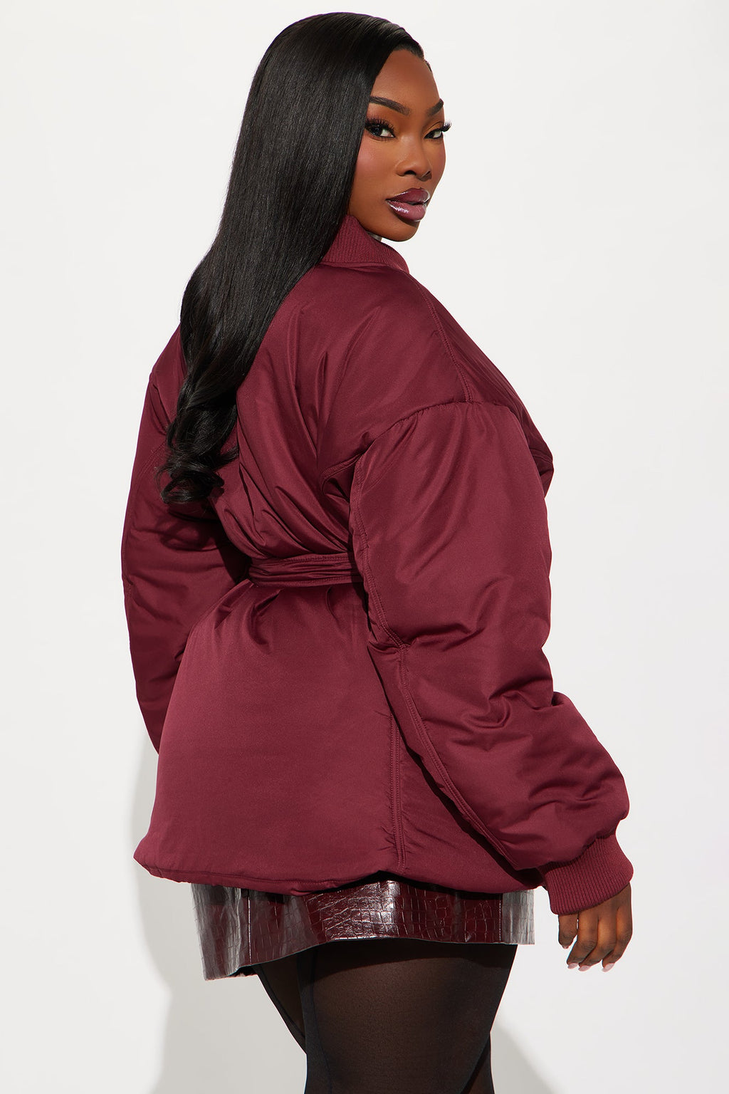 Giana Belted Puffer Jacket - Burgundy