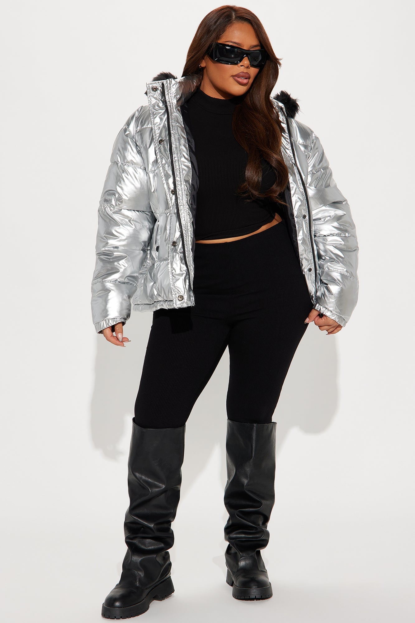 Take Notes Metallic Puffer Jacket - Silver/Multi