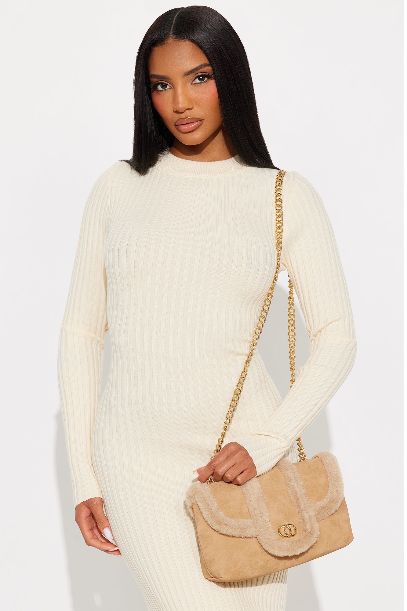 Winter Edit Faux Suede Fur Trim Shoulder Handbag - Tan