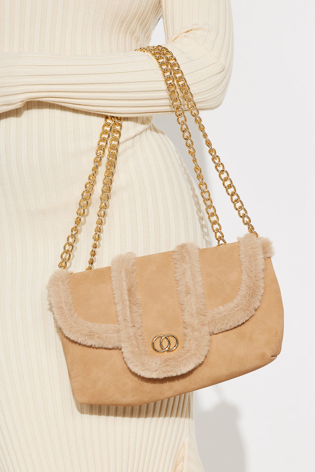 Winter Edit Faux Suede Fur Trim Shoulder Handbag - Tan