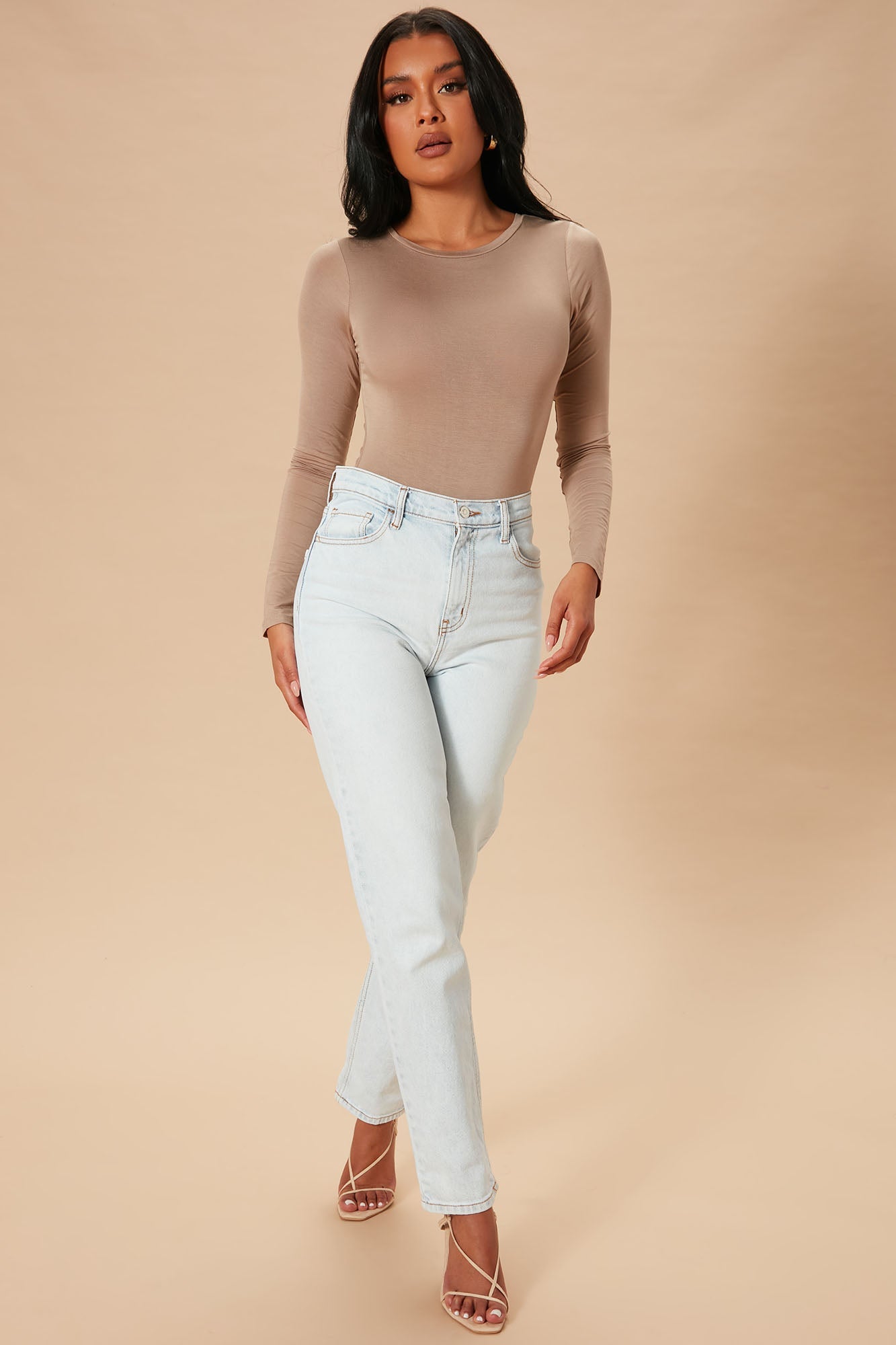 Krystal Crew Neck Long Sleeve Bodysuit - Mocha