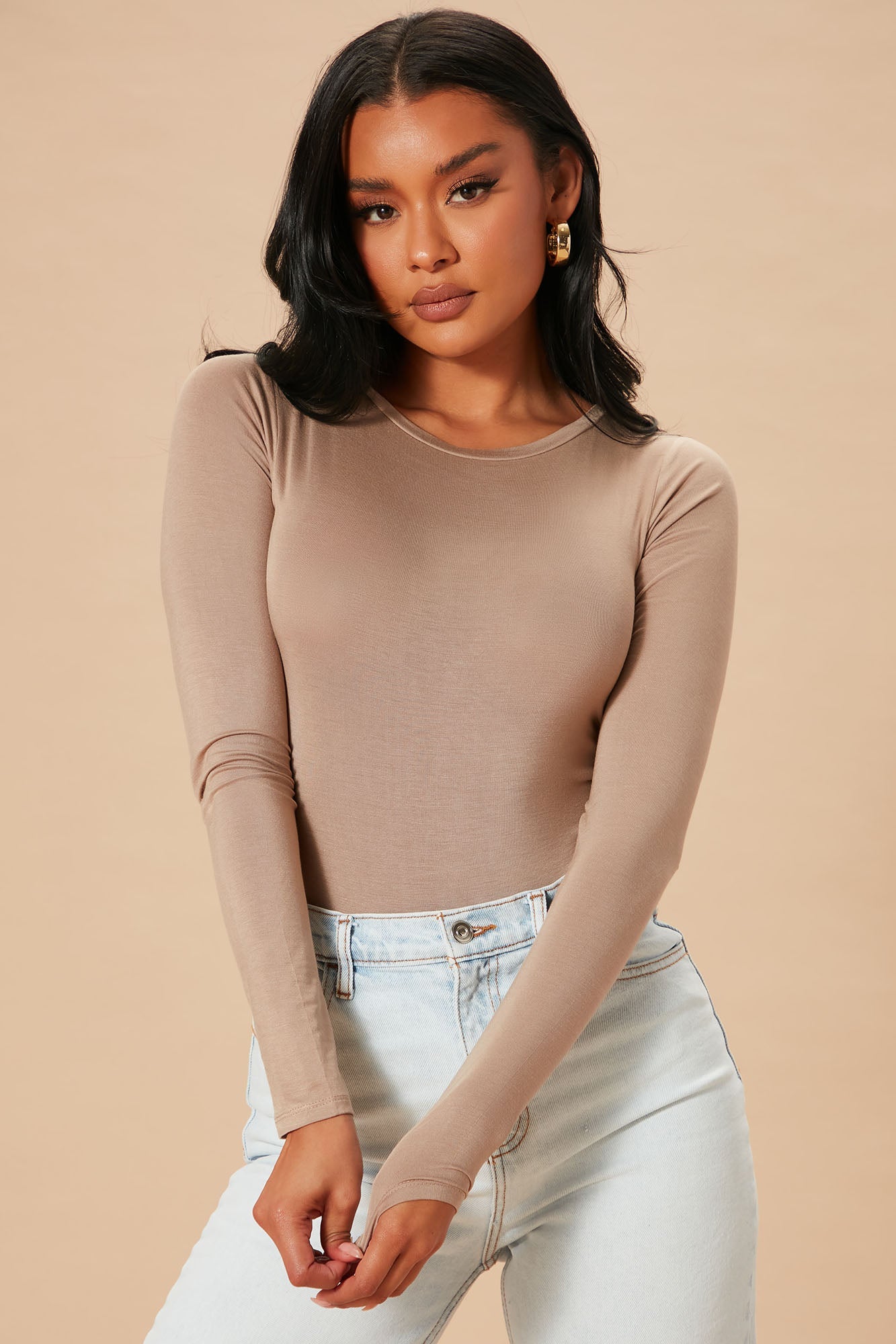 Krystal Crew Neck Long Sleeve Bodysuit - Mocha