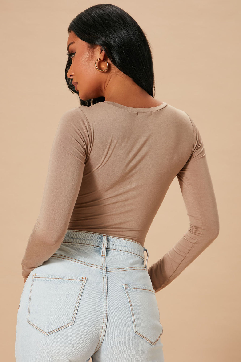 Krystal Crew Neck Long Sleeve Bodysuit - Mocha