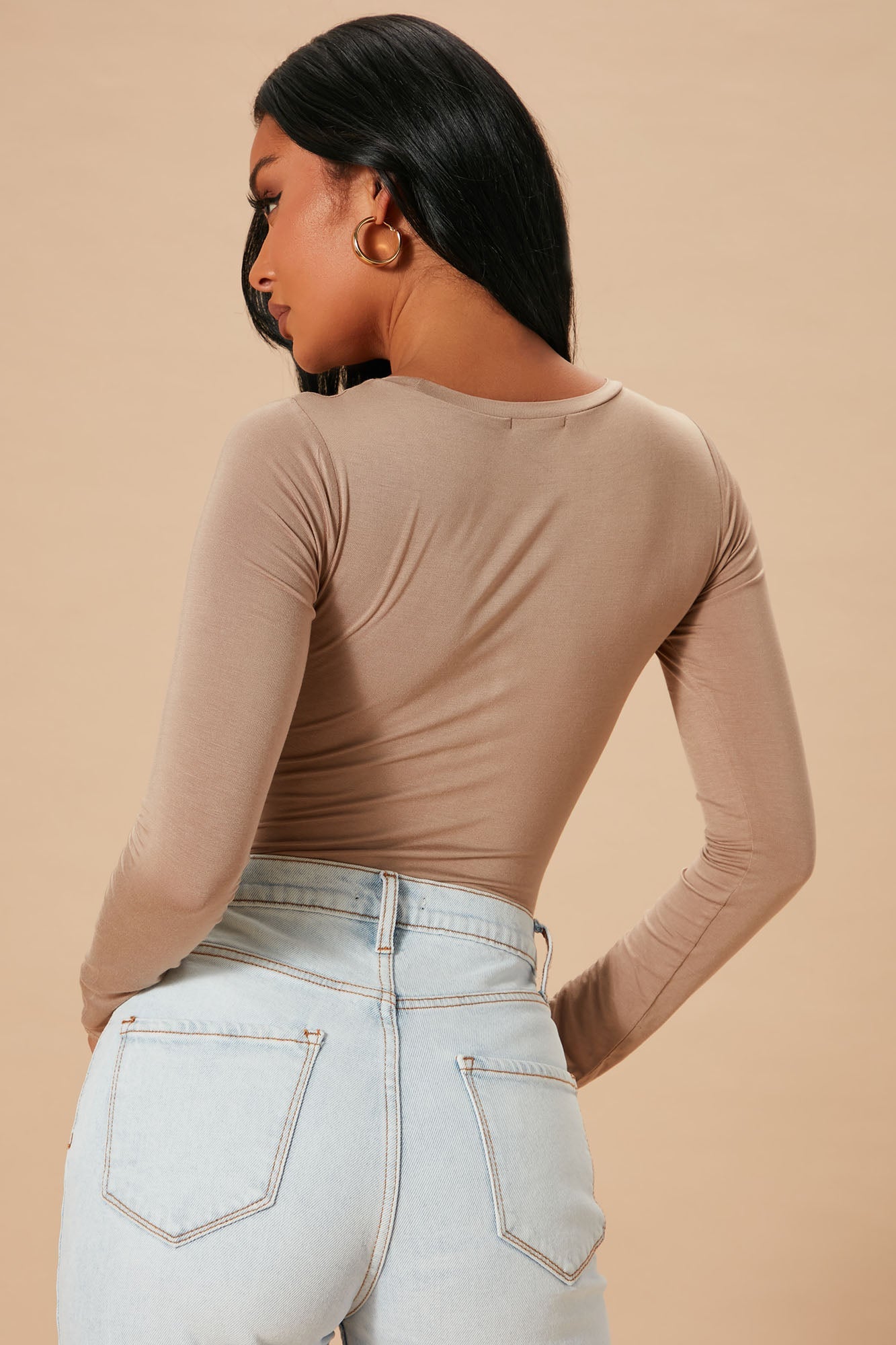 Krystal Crew Neck Long Sleeve Bodysuit - Mocha