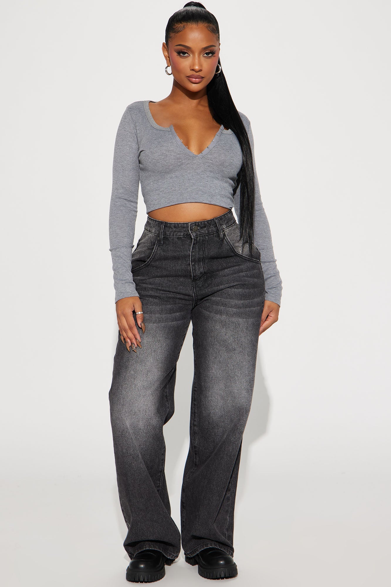 Dawn Ribbed Long Sleeve Top - Charcoal