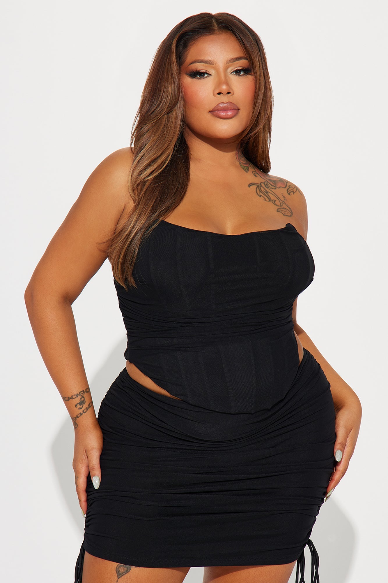 Bombshell Ruched Mini Skirt Set - Black