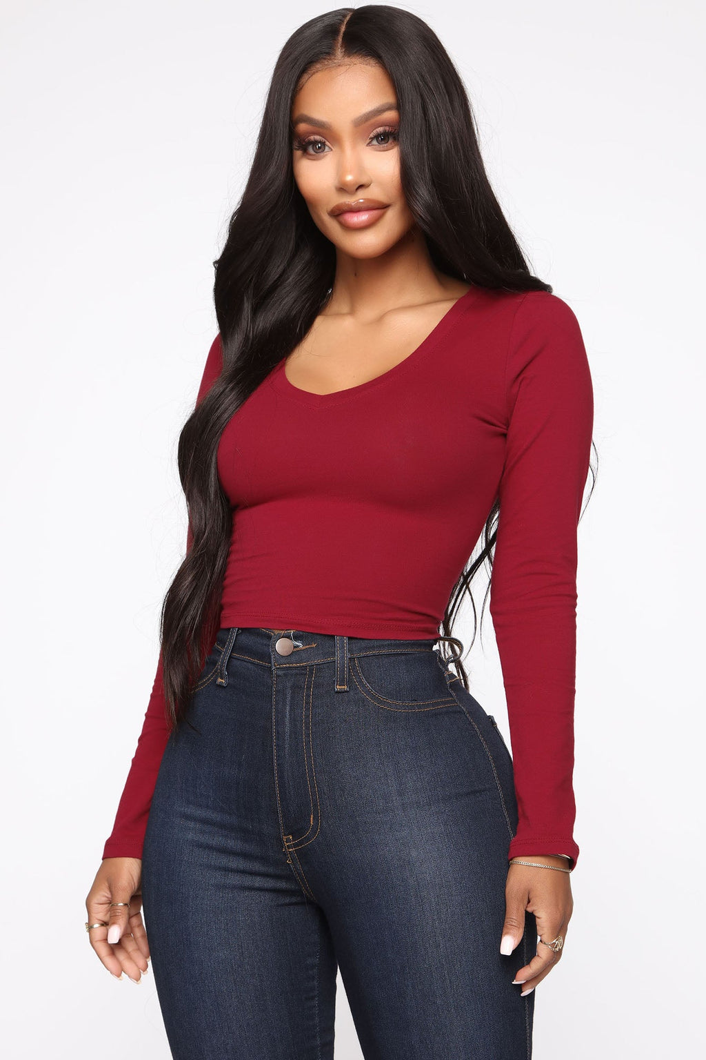 No Brainer Long Sleeve V Neck Tee - Burgundy