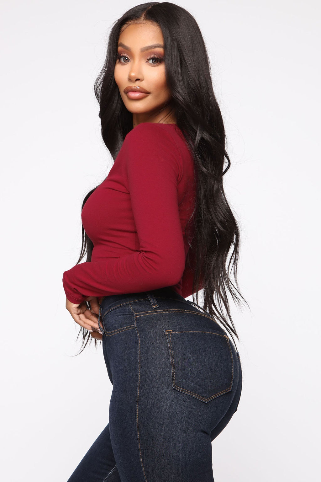 No Brainer Long Sleeve V Neck Tee - Burgundy