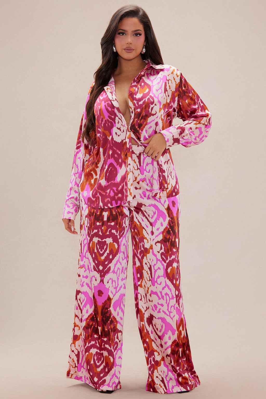 Kristine Satin Wide Leg Pant Set - Fuchsia/combo