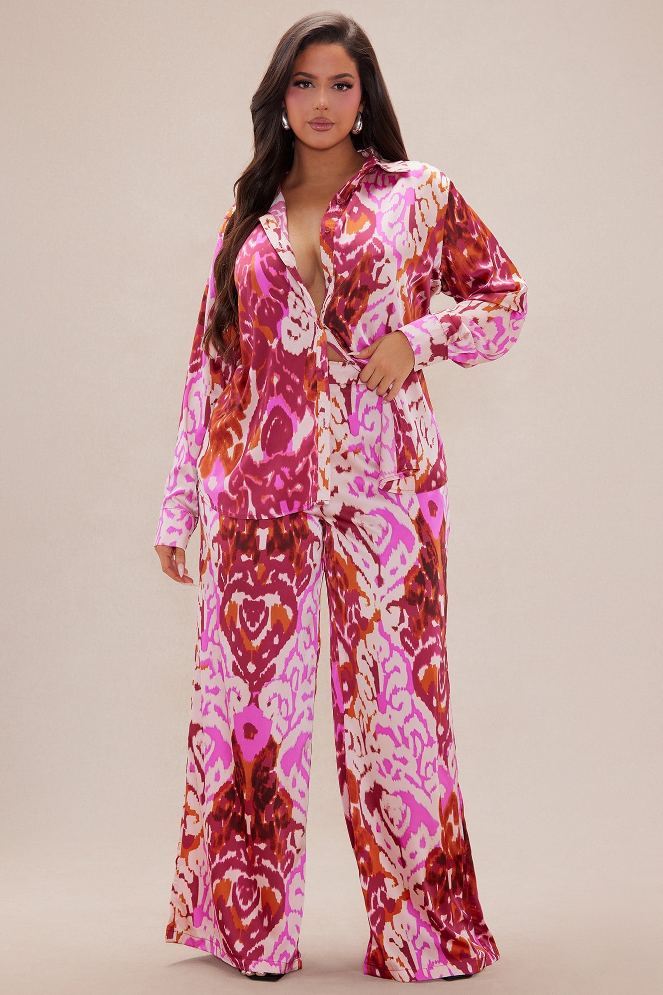 Kristine Satin Wide Leg Pant Set - Fuchsia/combo