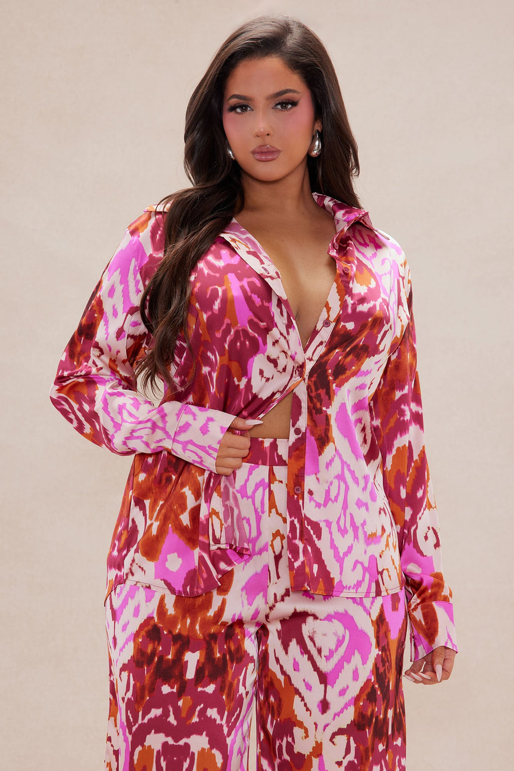 Kristine Satin Wide Leg Pant Set - Fuchsia/combo