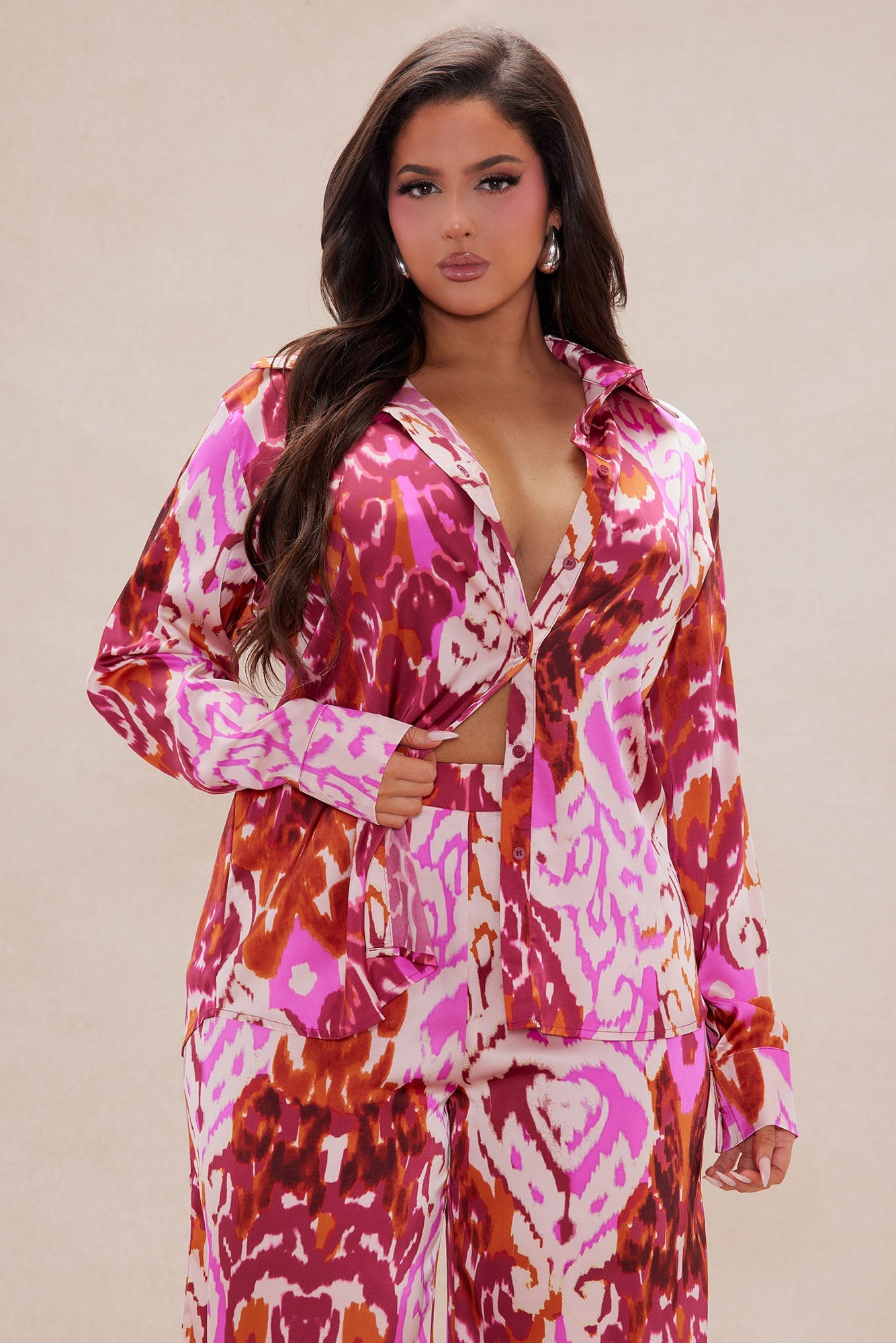 Kristine Satin Wide Leg Pant Set - Fuchsia/combo