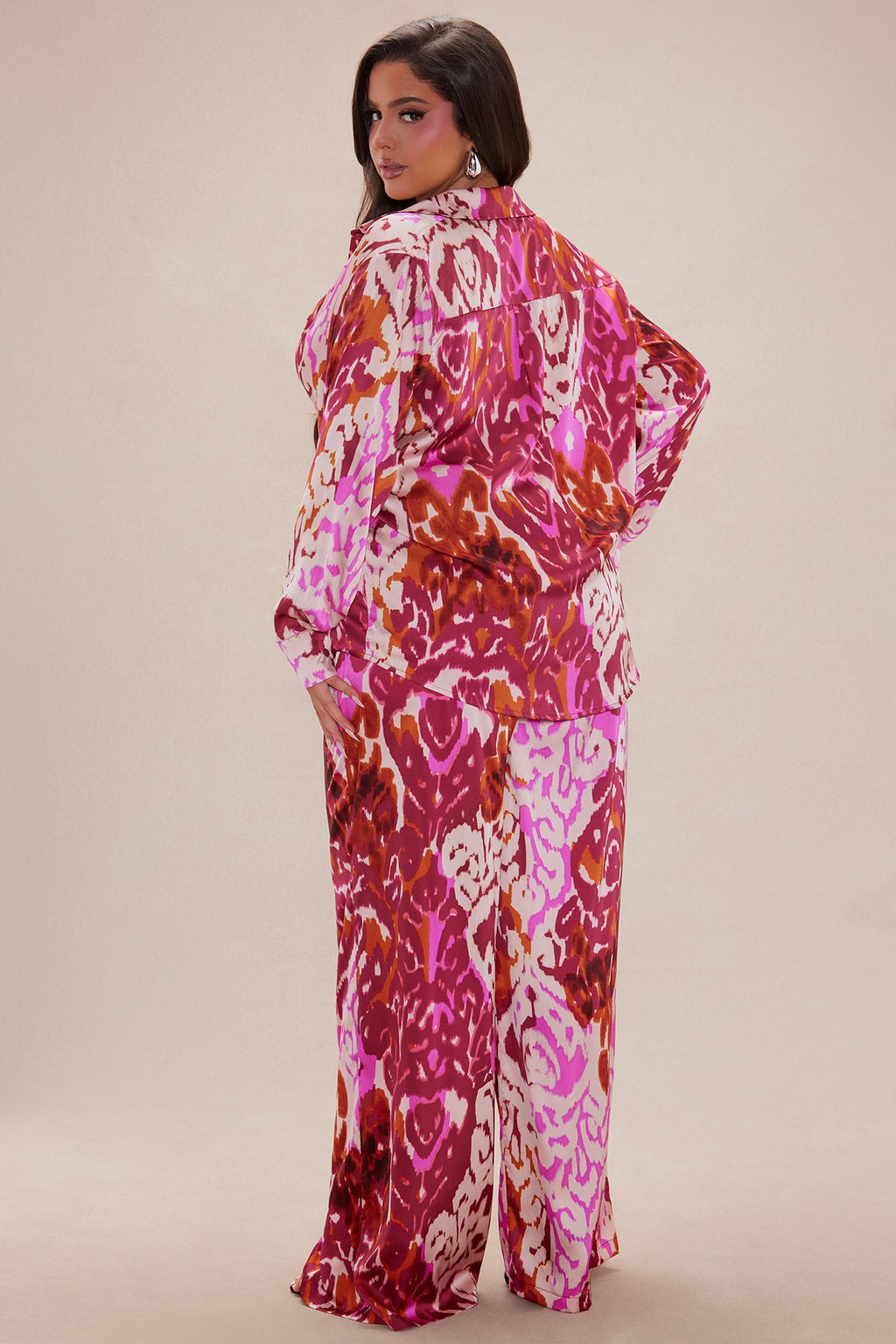 Kristine Satin Wide Leg Pant Set - Fuchsia/combo