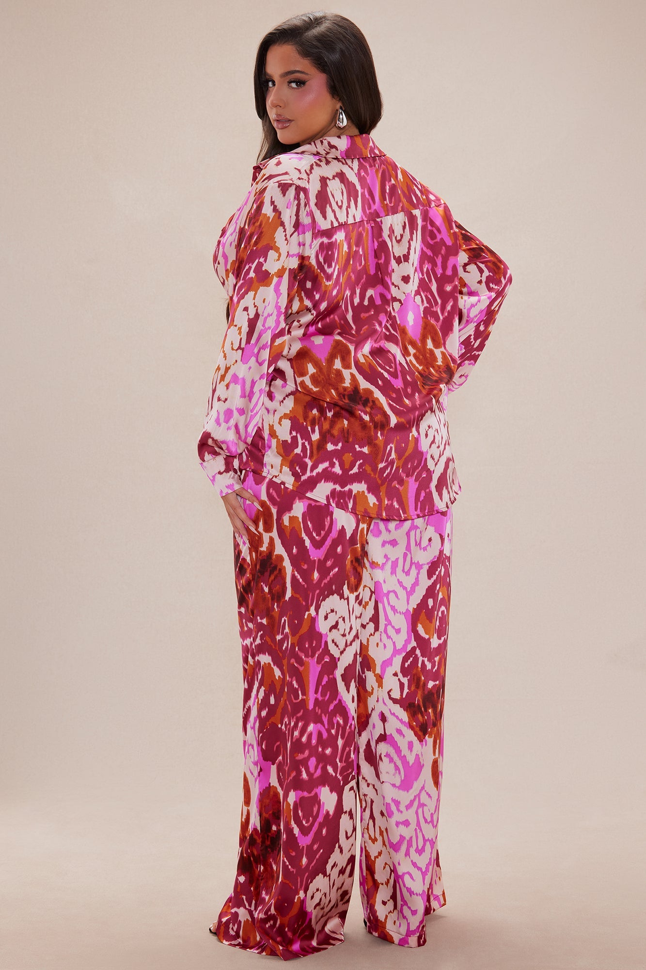 Kristine Satin Wide Leg Pant Set - Fuchsia/combo