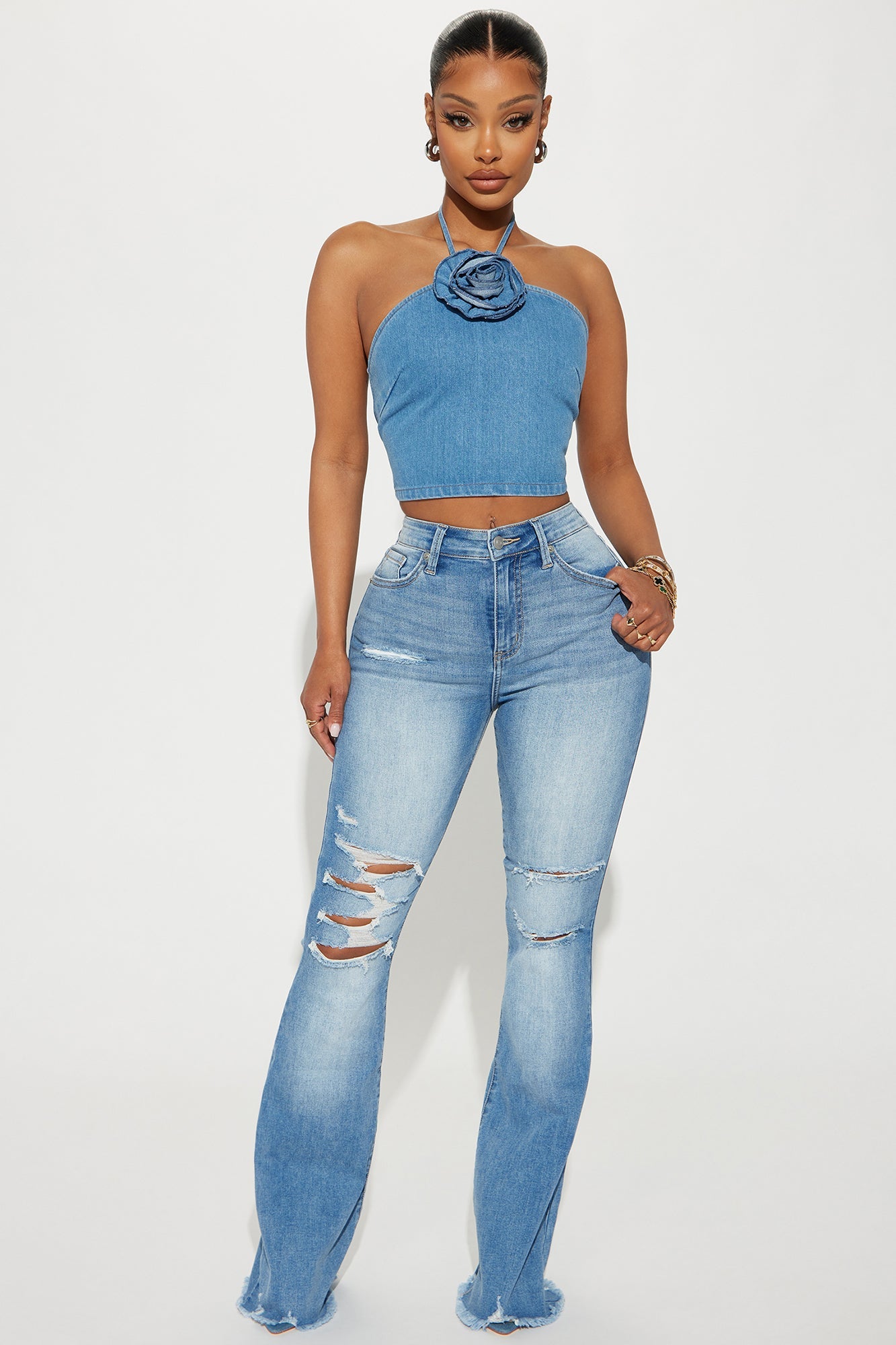 Wandered Off Stretch Ripped Flare Jeans - Light Wash