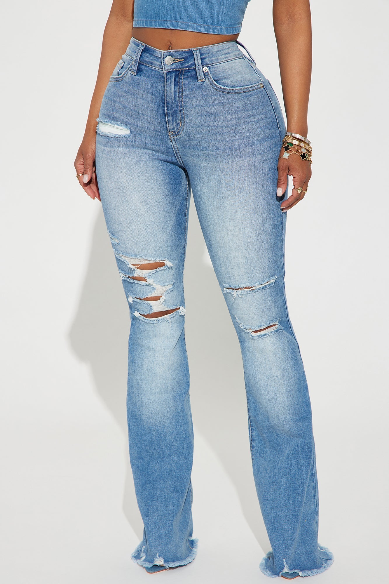 Wandered Off Stretch Ripped Flare Jeans - Light Wash