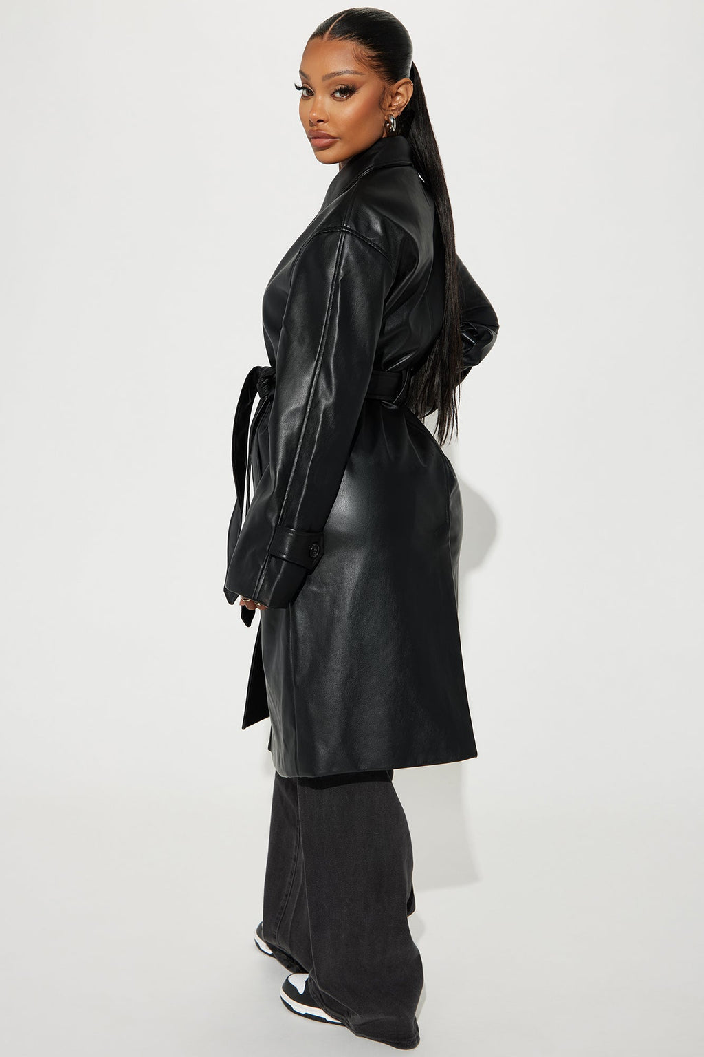 Bree Faux Leather Trench Coat - Black