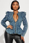 Denim Queen Peplum Jacket - Medium Blue Wash