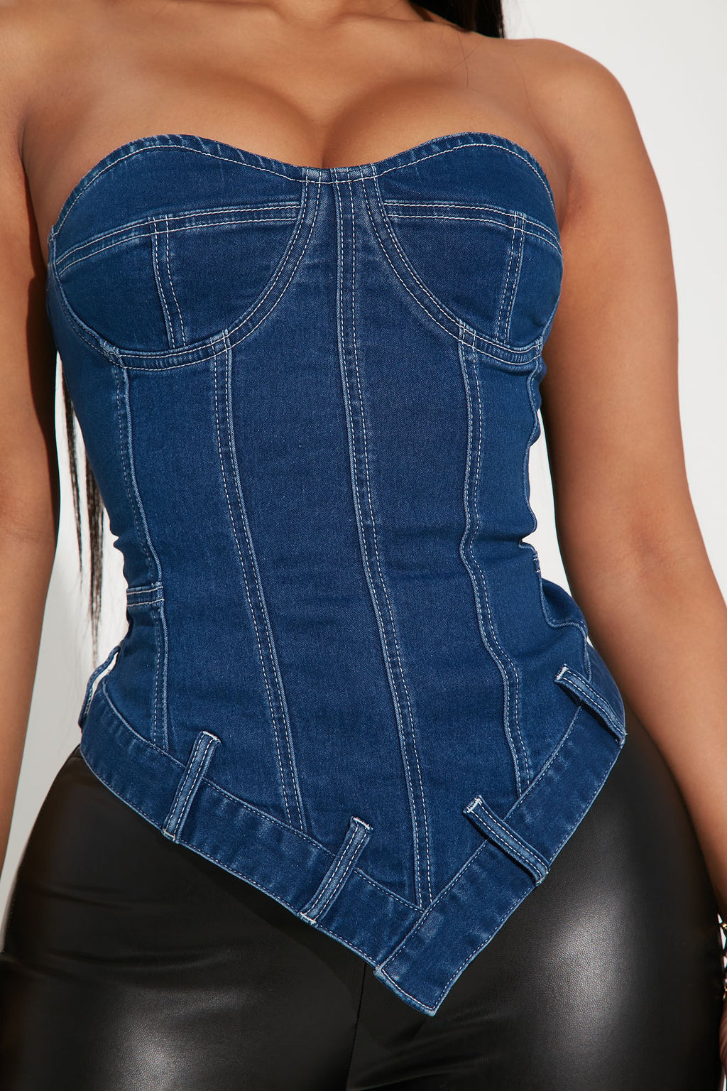 Tensions High Asymmetrical Denim Corset Top - Medium Blue Wash