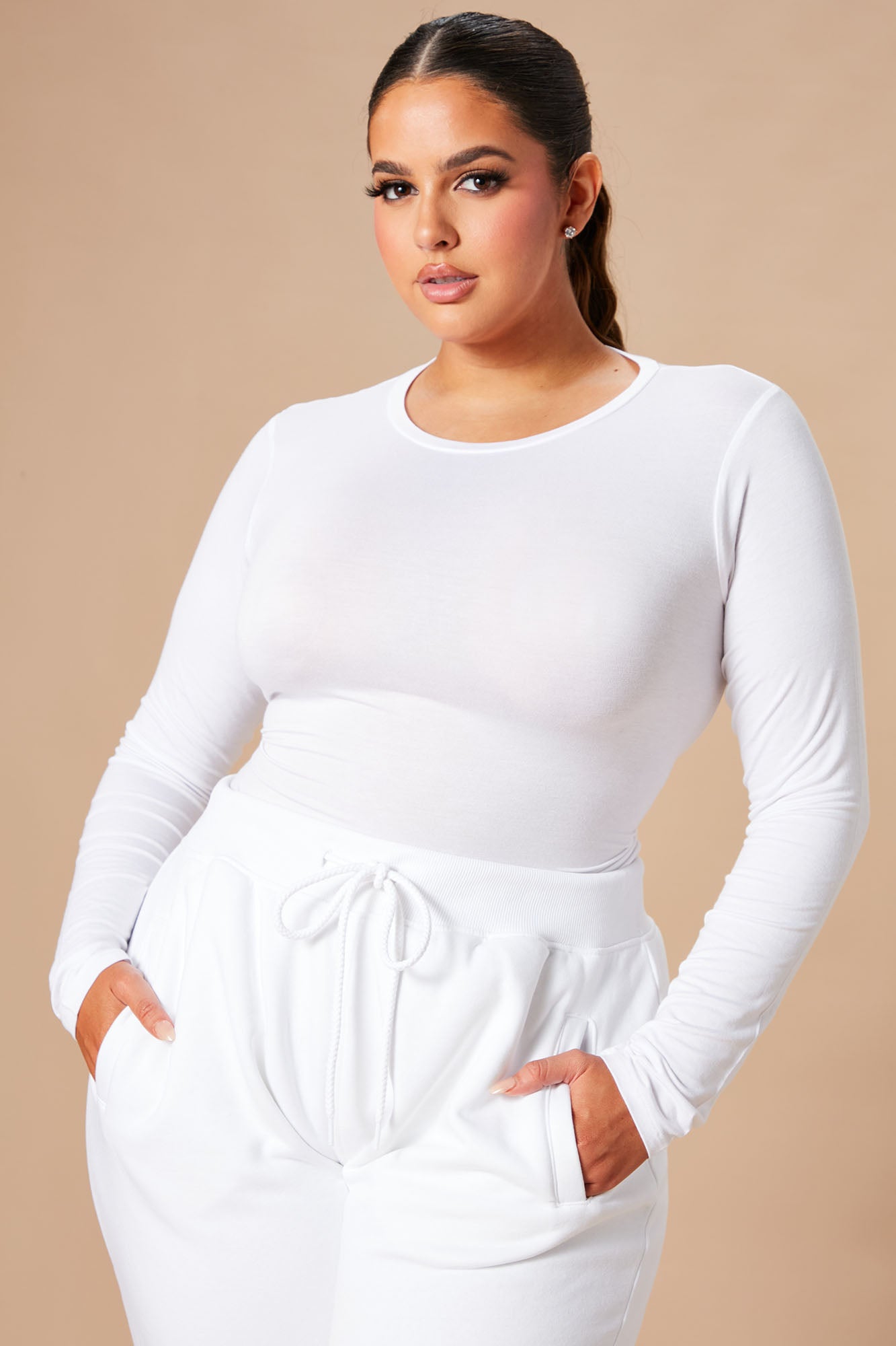 Krystal Crew Neck Long Sleeve Bodysuit - White