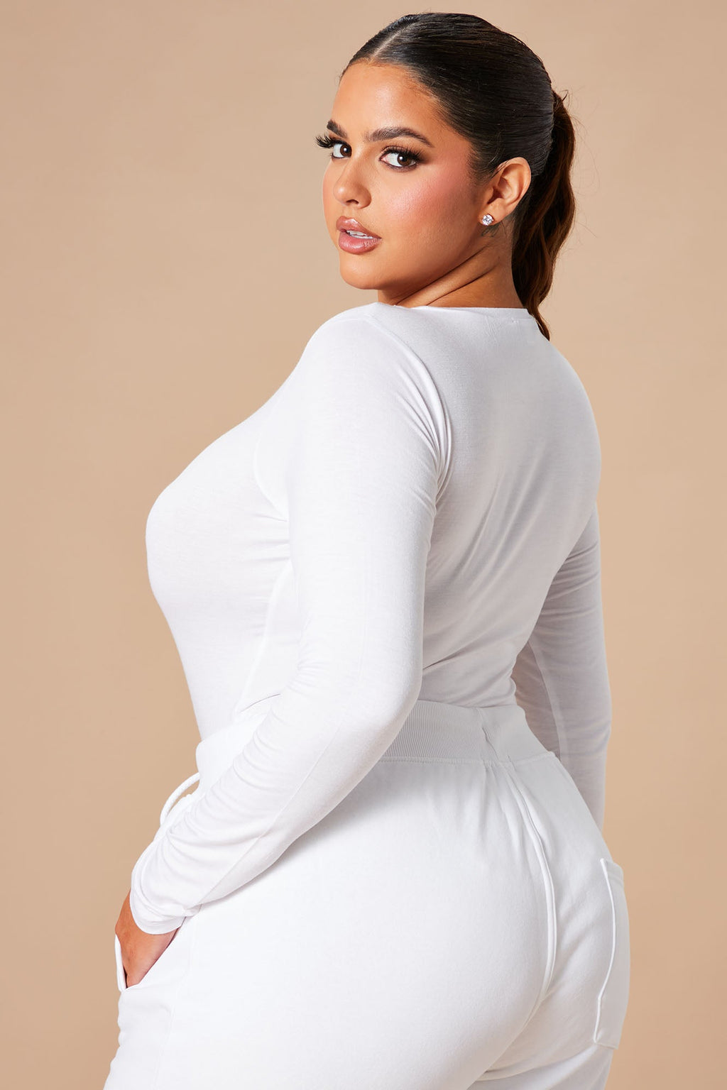 Krystal Crew Neck Long Sleeve Bodysuit - White