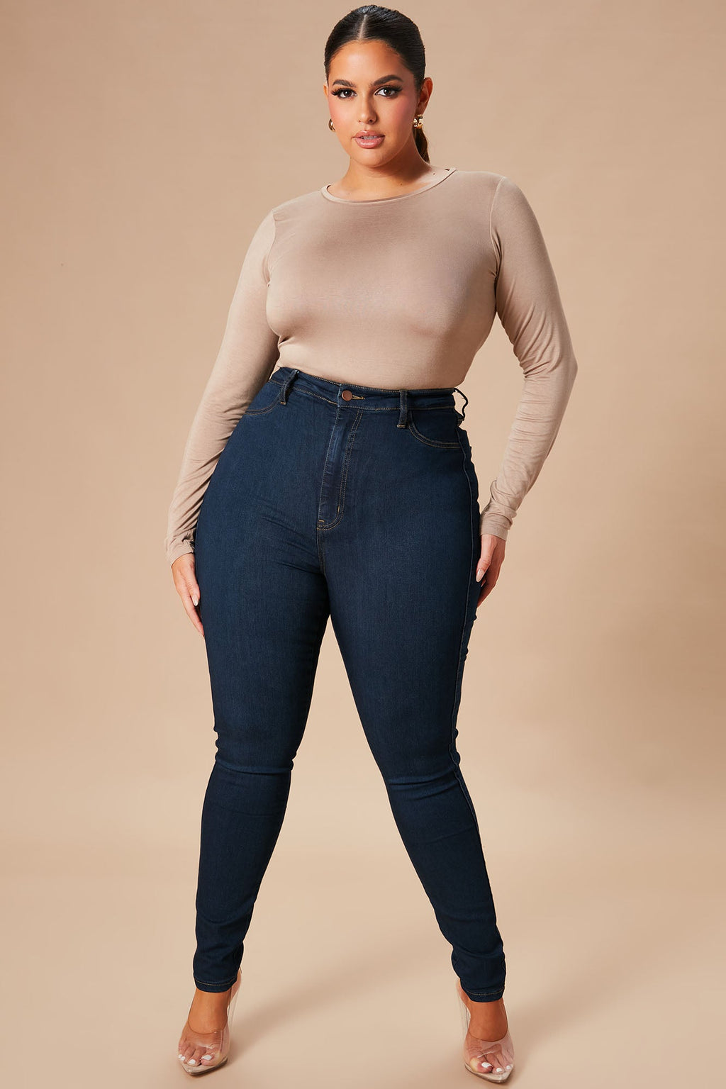 Krystal Crew Neck Long Sleeve Bodysuit - Mocha