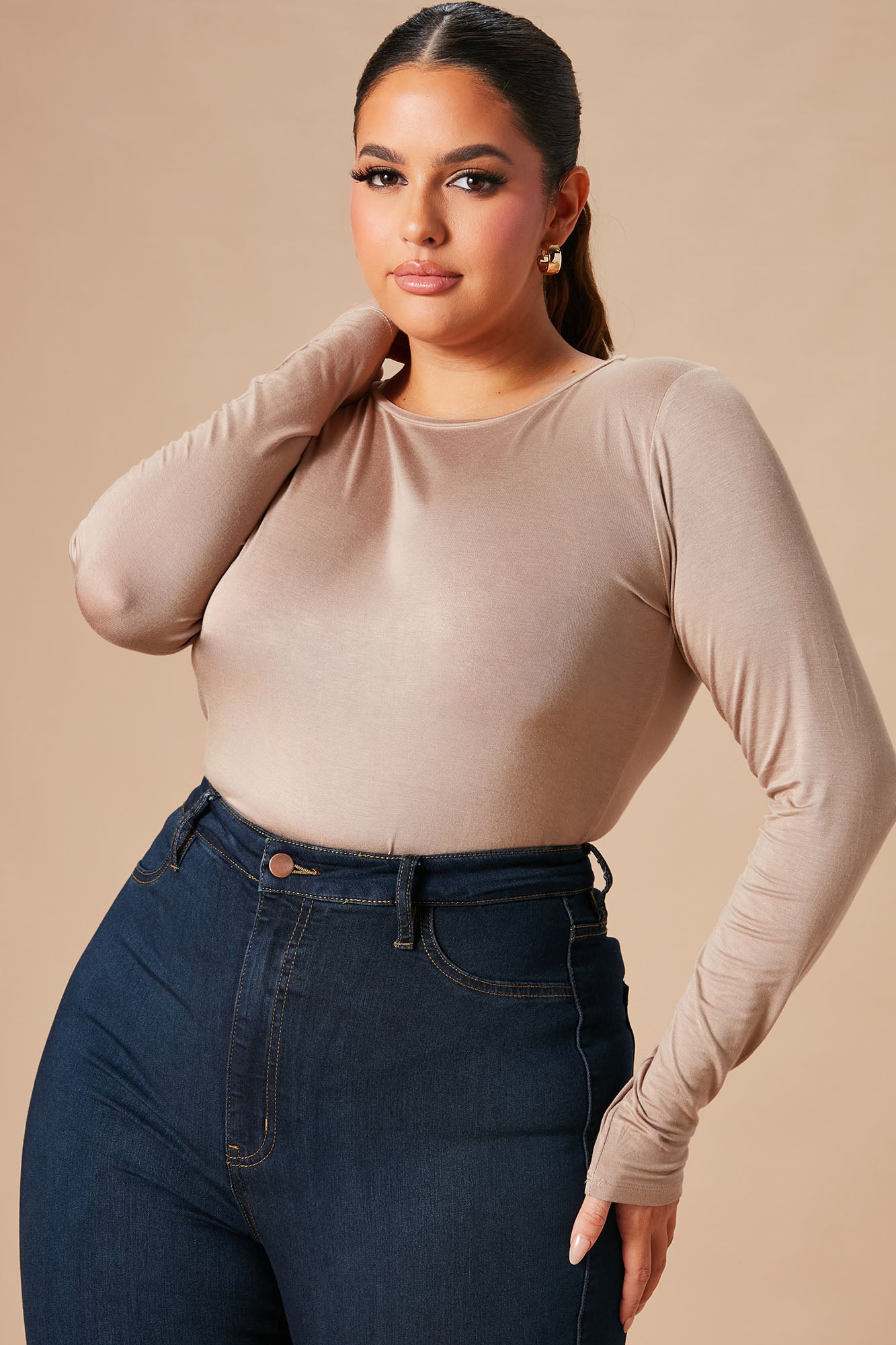 Krystal Crew Neck Long Sleeve Bodysuit - Mocha