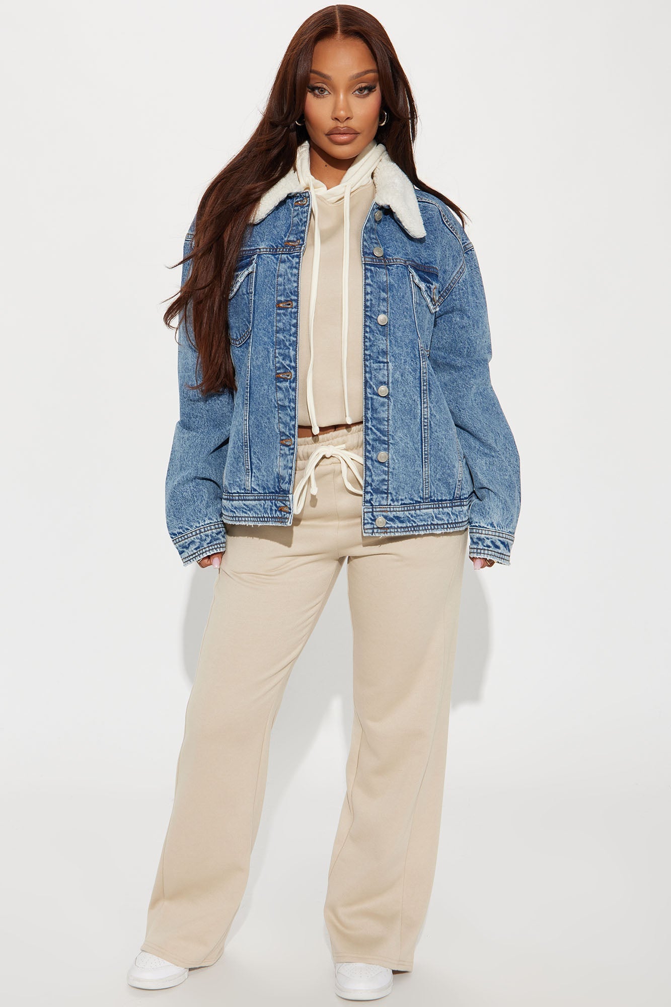 In My Zone Denim Sherpa Trucker Jacket - Medium Wash