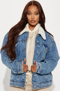 In My Zone Denim Sherpa Trucker Jacket - Medium Wash