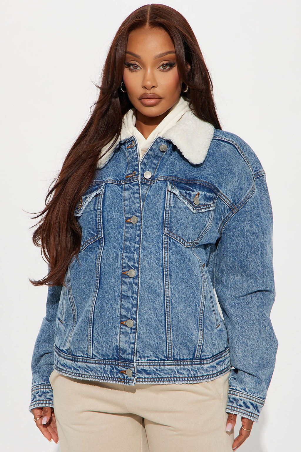 In My Zone Denim Sherpa Trucker Jacket - Medium Wash