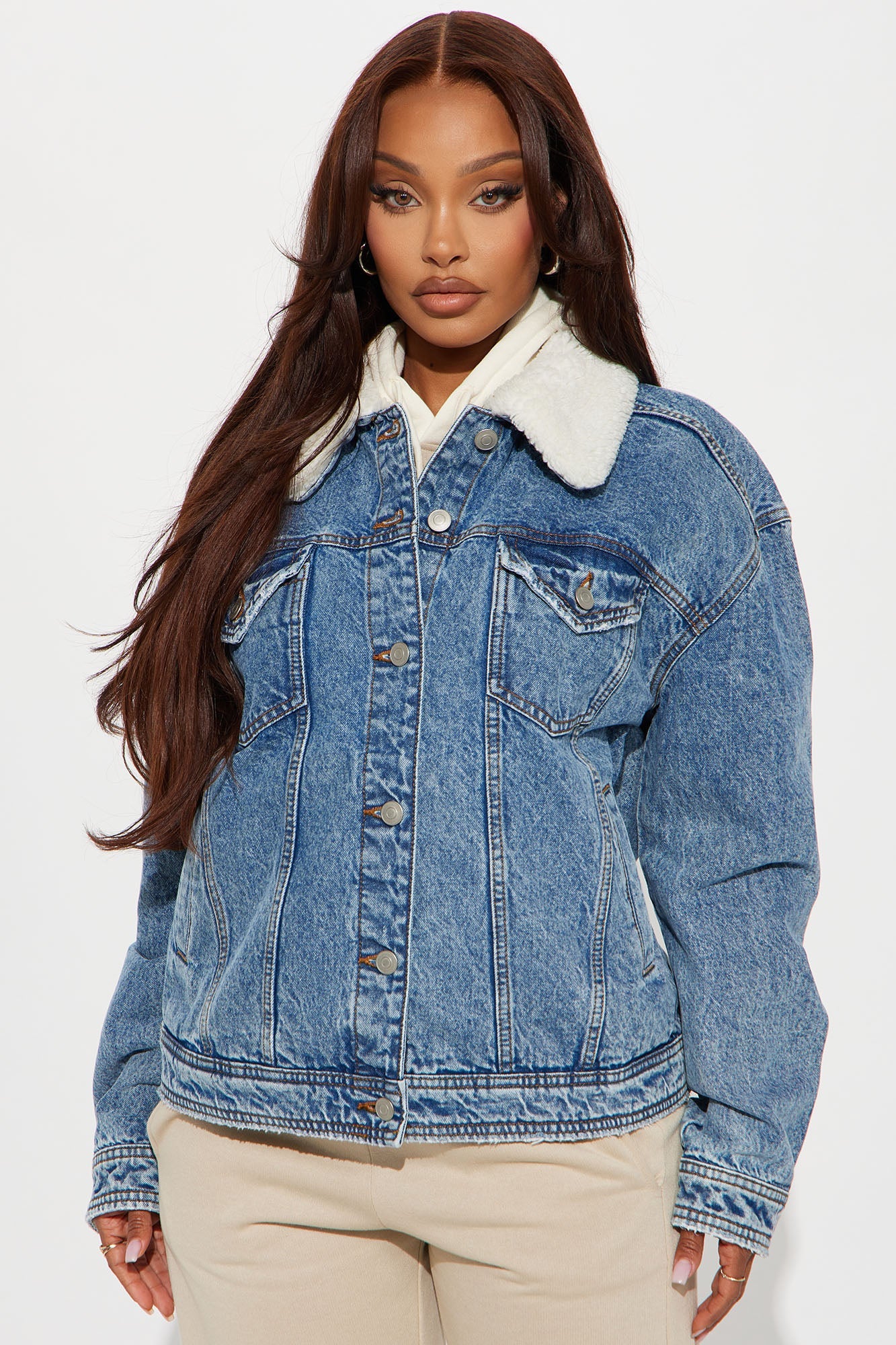 In My Zone Denim Sherpa Trucker Jacket - Medium Wash