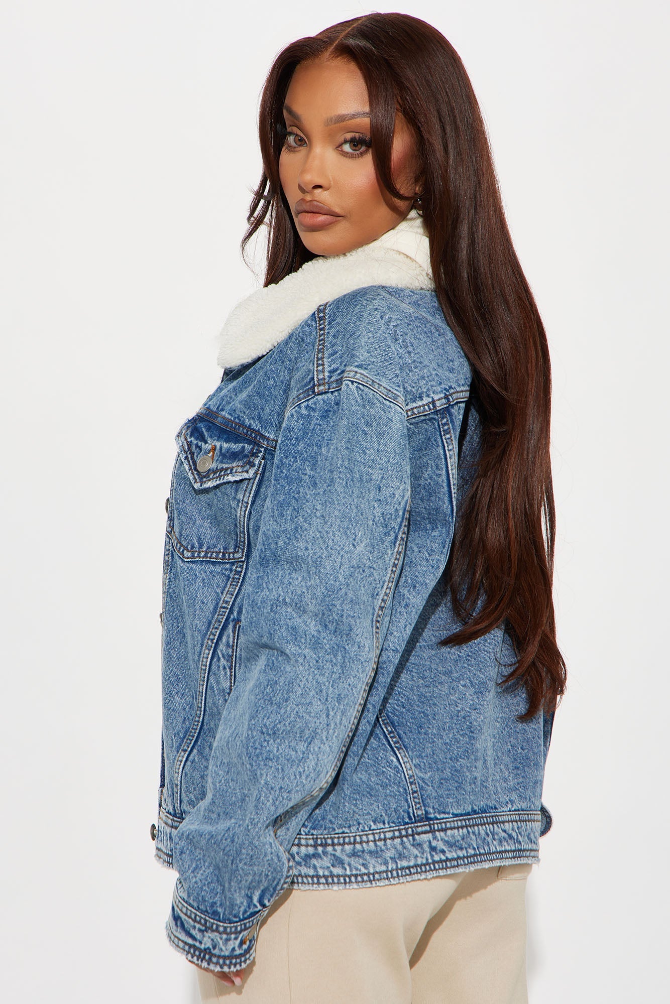 In My Zone Denim Sherpa Trucker Jacket - Medium Wash