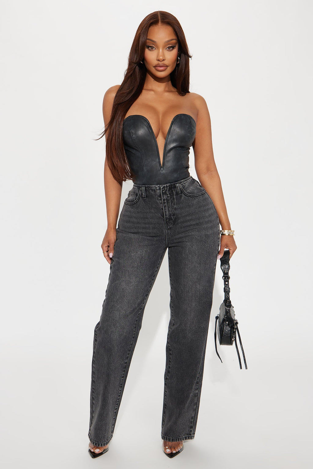 The Cut Off Waistband Straight Leg Jeans - Black Wash