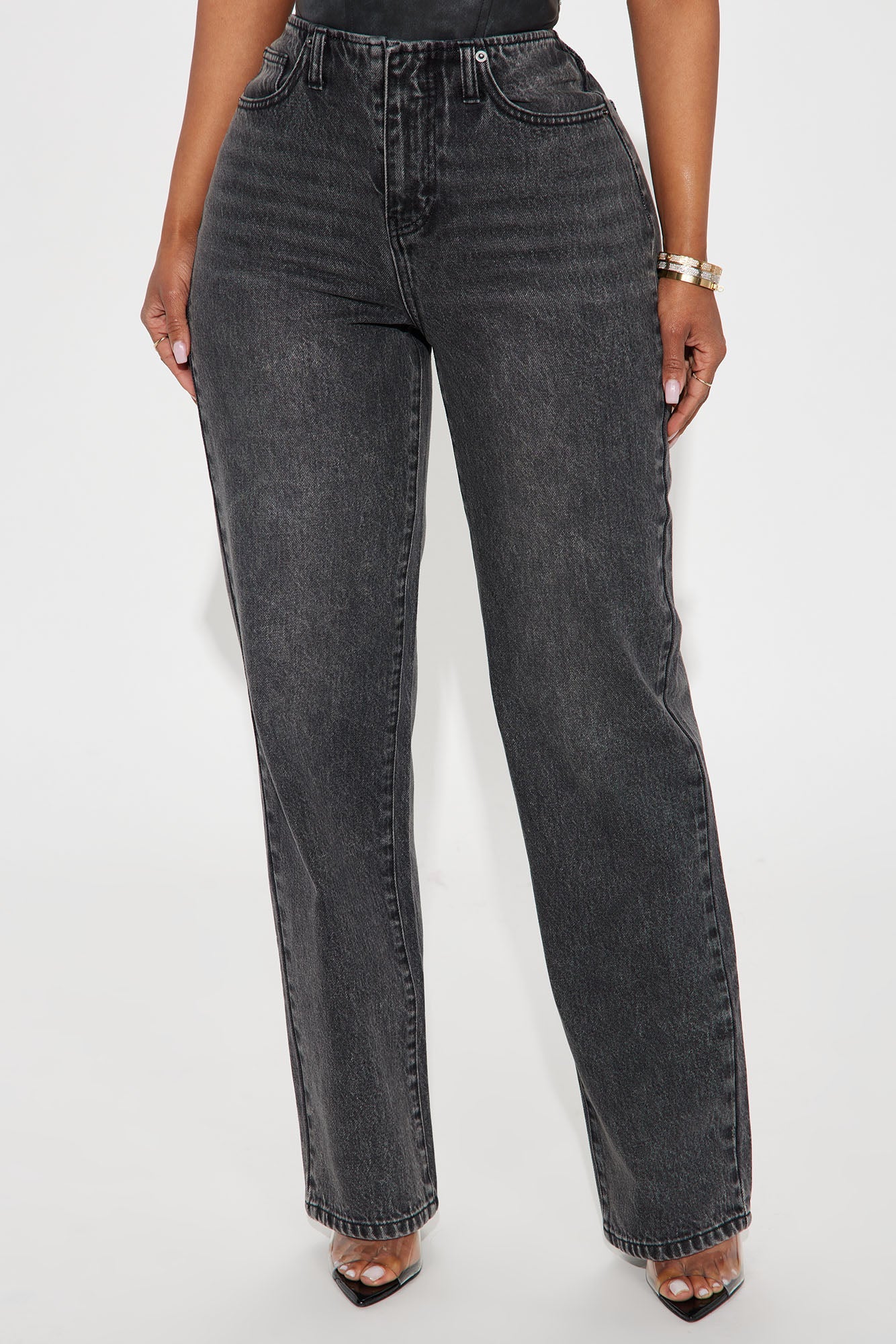 The Cut Off Waistband Straight Leg Jeans - Black Wash