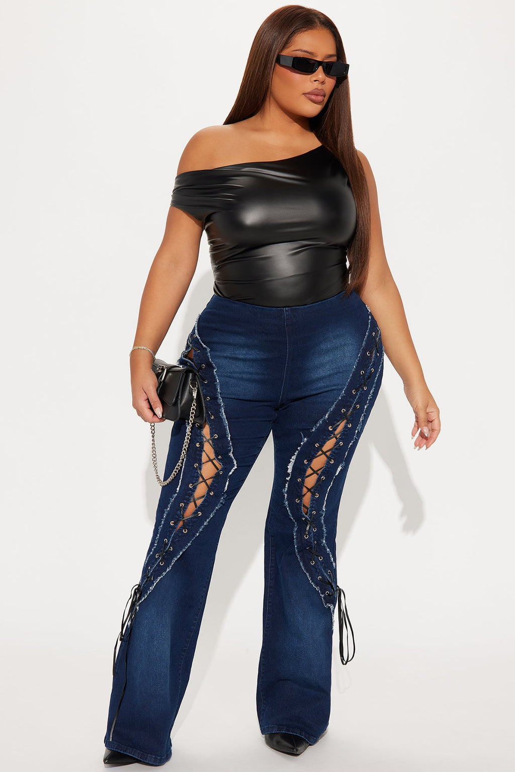 Day By Day Stretch Lace Up Straight Leg Jeans - Dark Wash