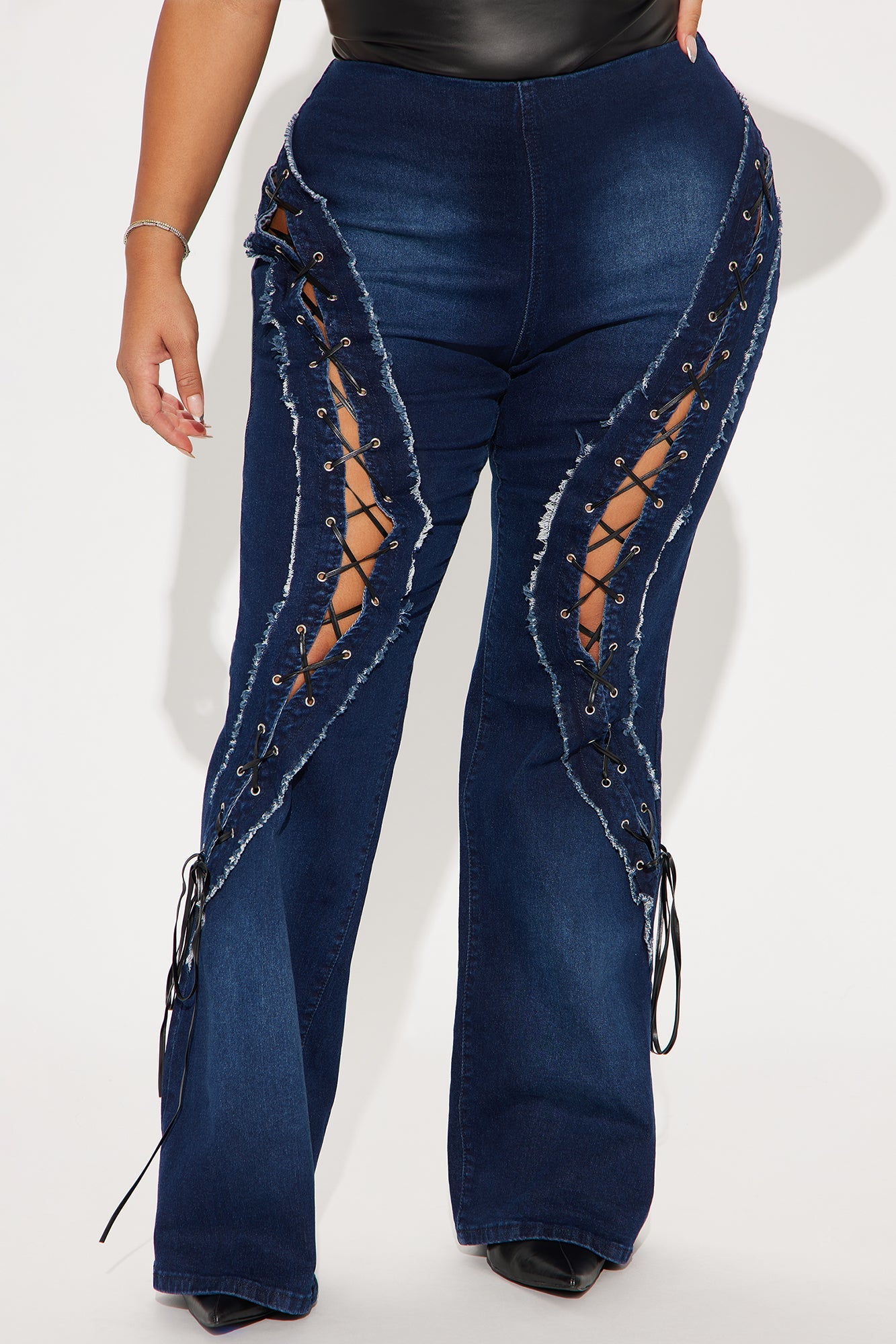 Day By Day Stretch Lace Up Straight Leg Jeans - Dark Wash