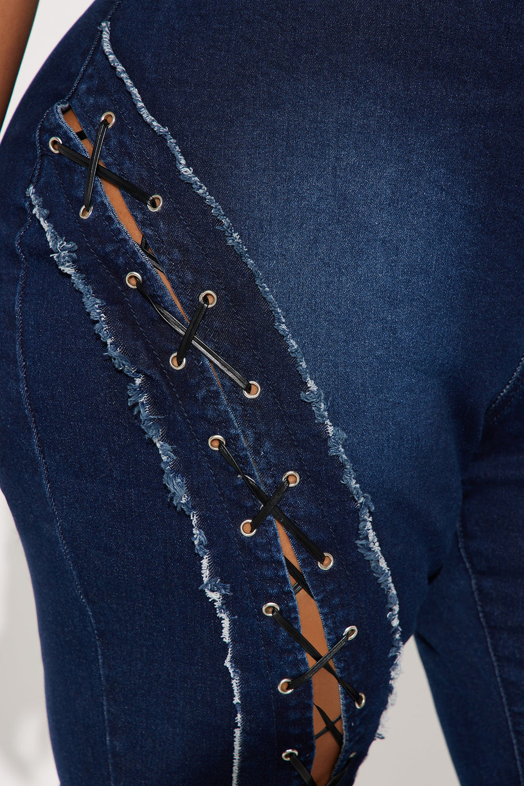 Day By Day Stretch Lace Up Straight Leg Jeans - Dark Wash