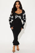Pretty Bow Sweater Midi Dress and Cardigan Set - Black/White