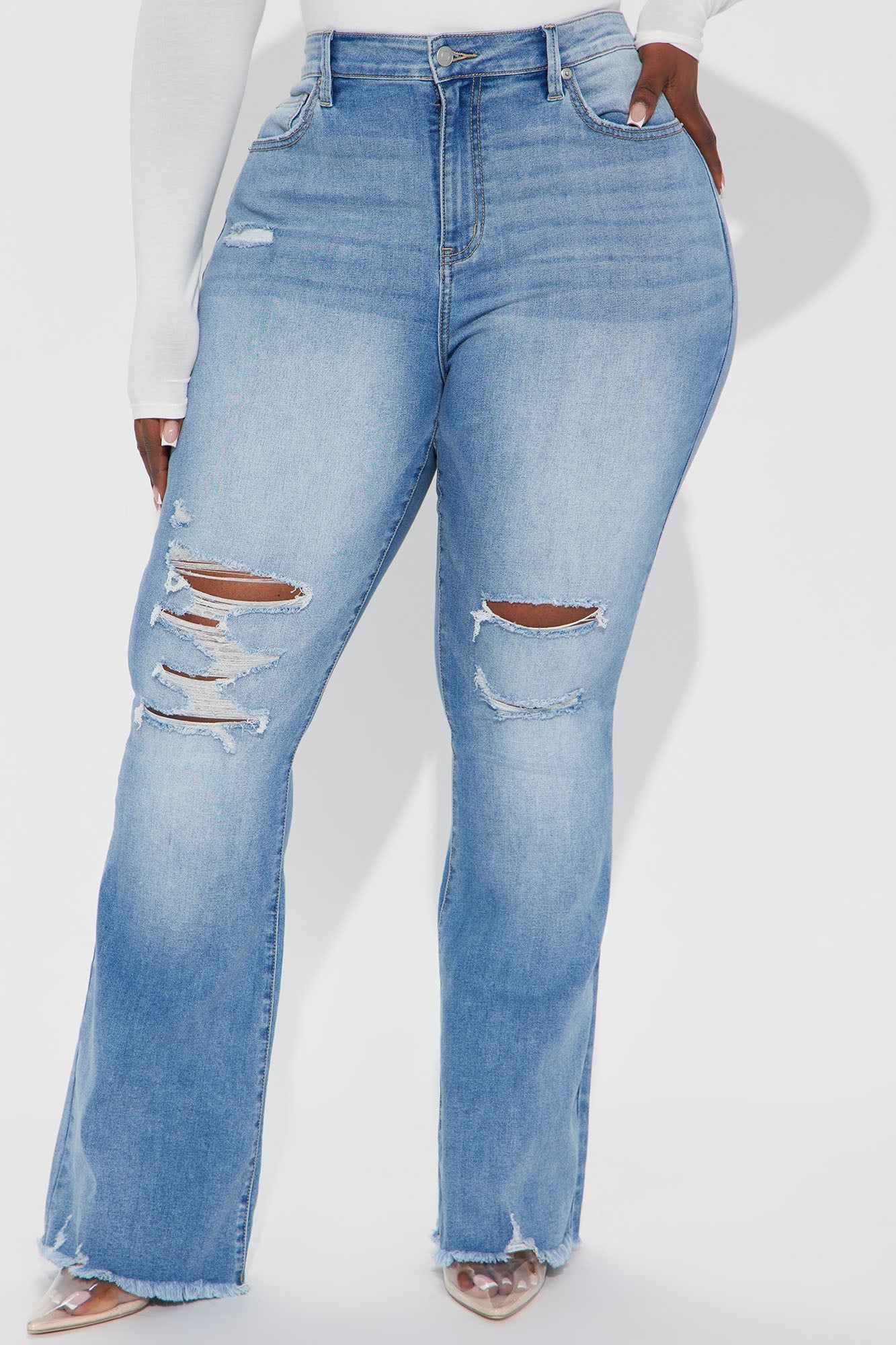 Wandered Off Stretch Ripped Flare Jeans - Light Wash