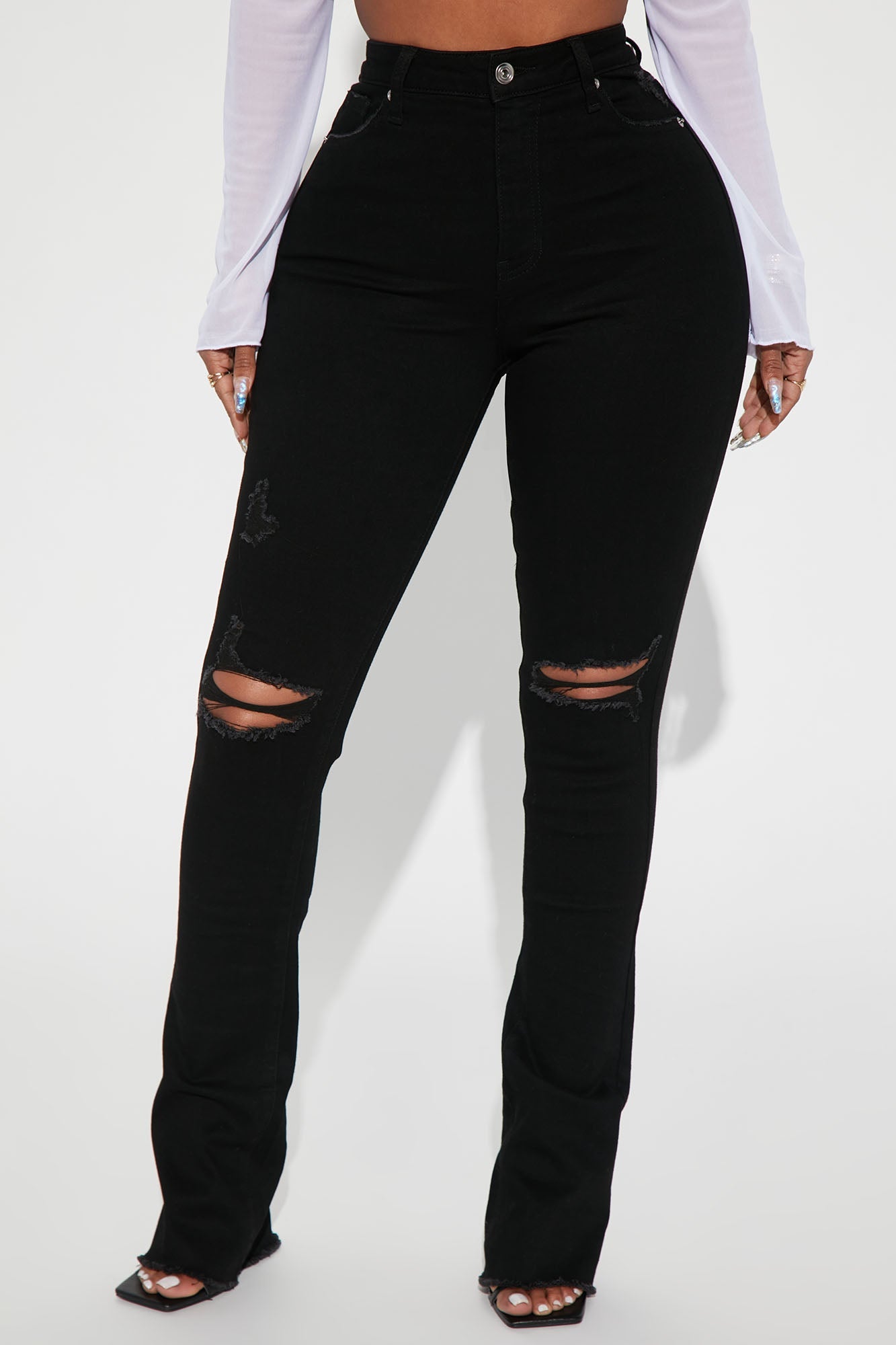 After Dark Ripped High Rise Stretch Bootcut Jeans - Black